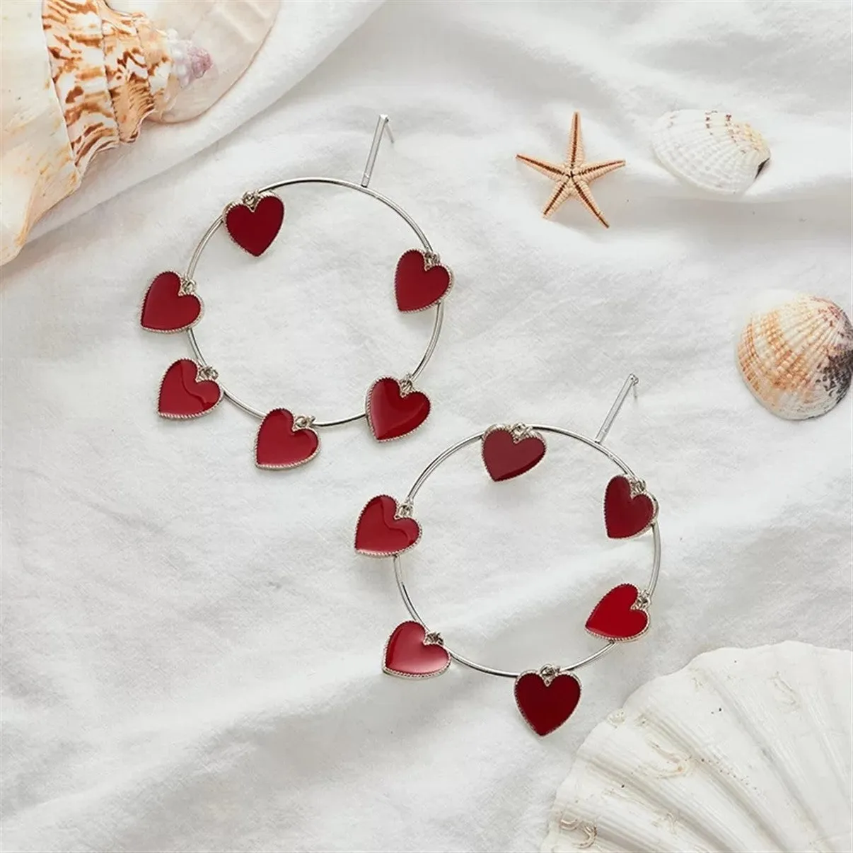 Gold & Silver Oversize Red Heart Round Hoop Big Earrings