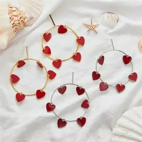 Gold & Silver Oversize Red Heart Round Hoop Big Earrings