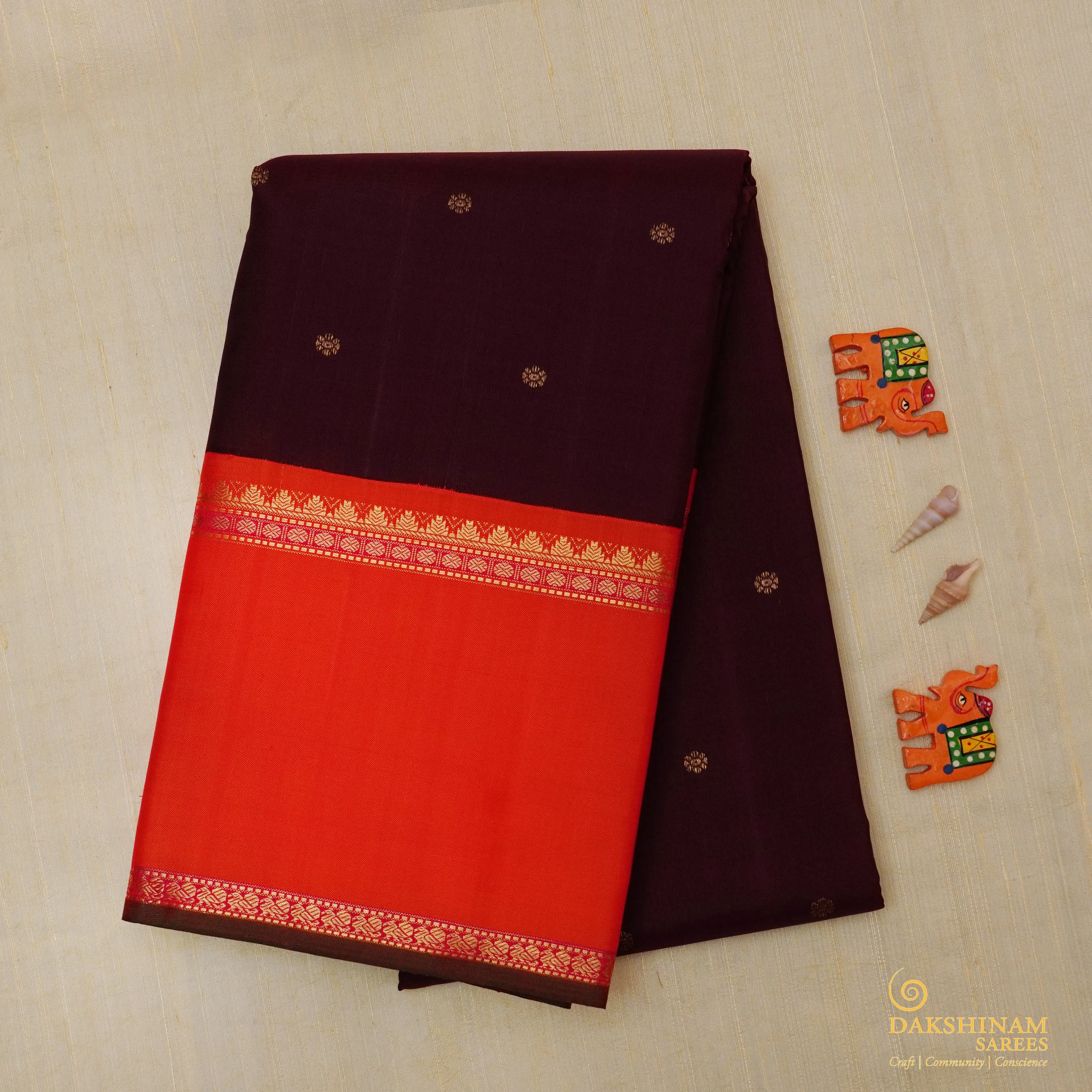 Handwoven Brown with Orange Kanjivaram Silk Saree - 1880T008781DSC