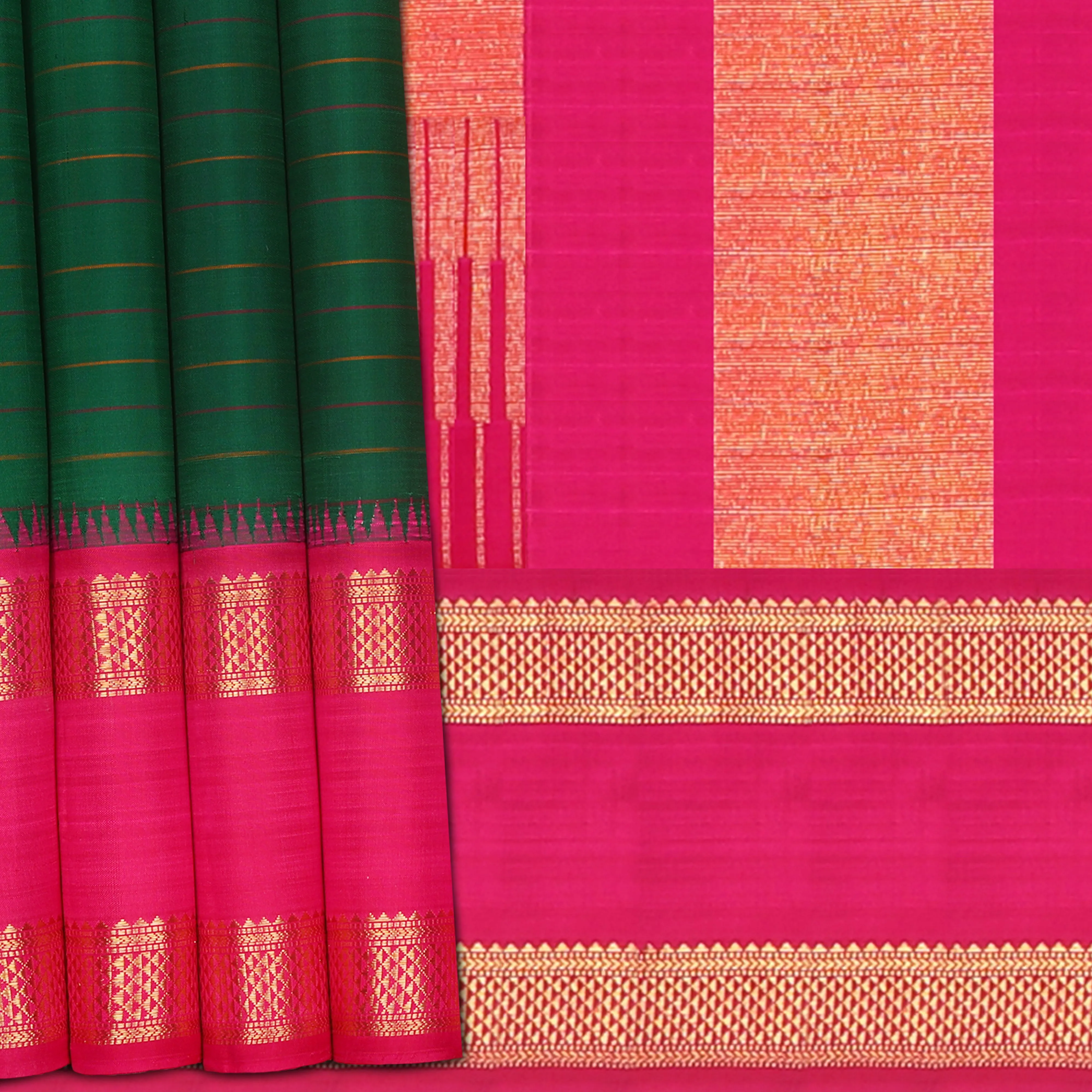 Handwoven Green with Pink and Orange Kanjivaram Silk Saree - 1441T005176DSC