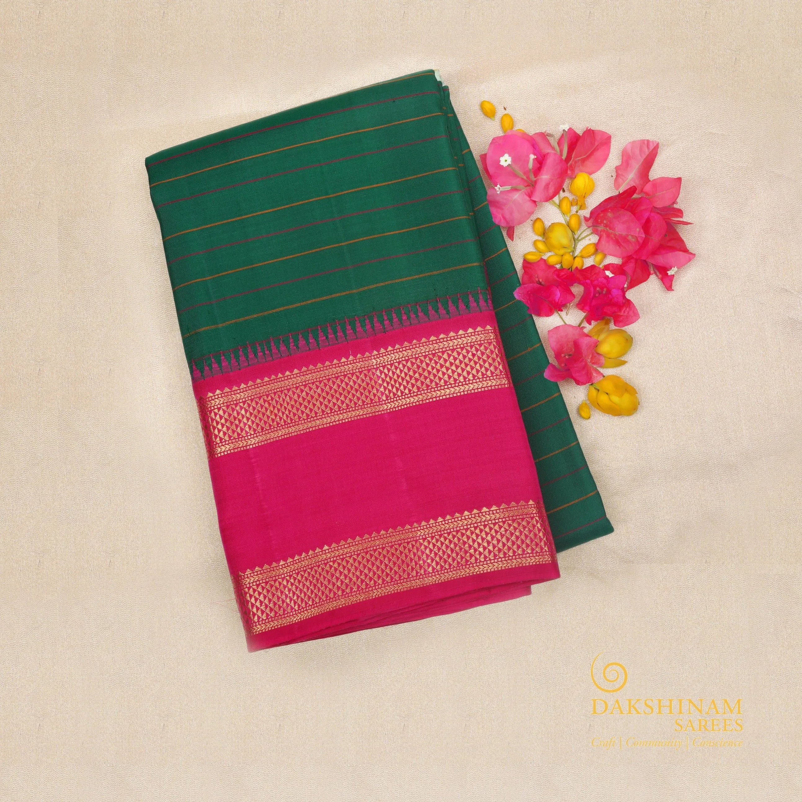 Handwoven Green with Pink and Orange Kanjivaram Silk Saree - 1441T005176DSC