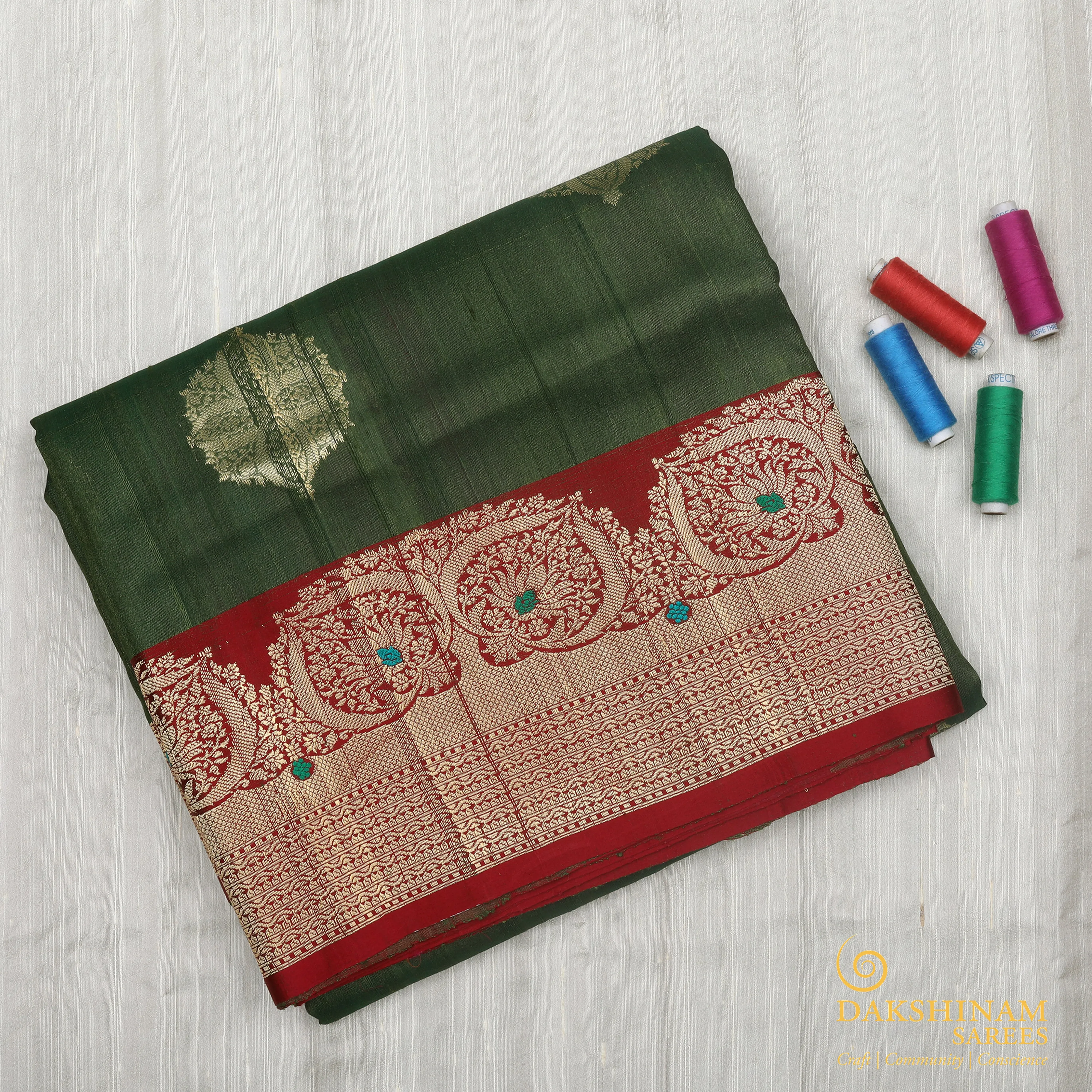 Handwoven Green with Red Banarasi Tussar Silk Saree - 1388T004564DSC