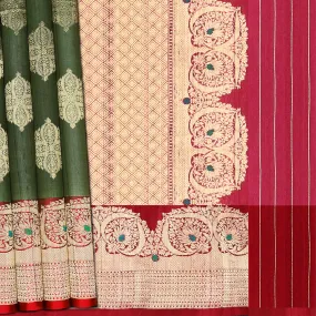 Handwoven Green with Red Banarasi Tussar Silk Saree - 1388T004564DSC