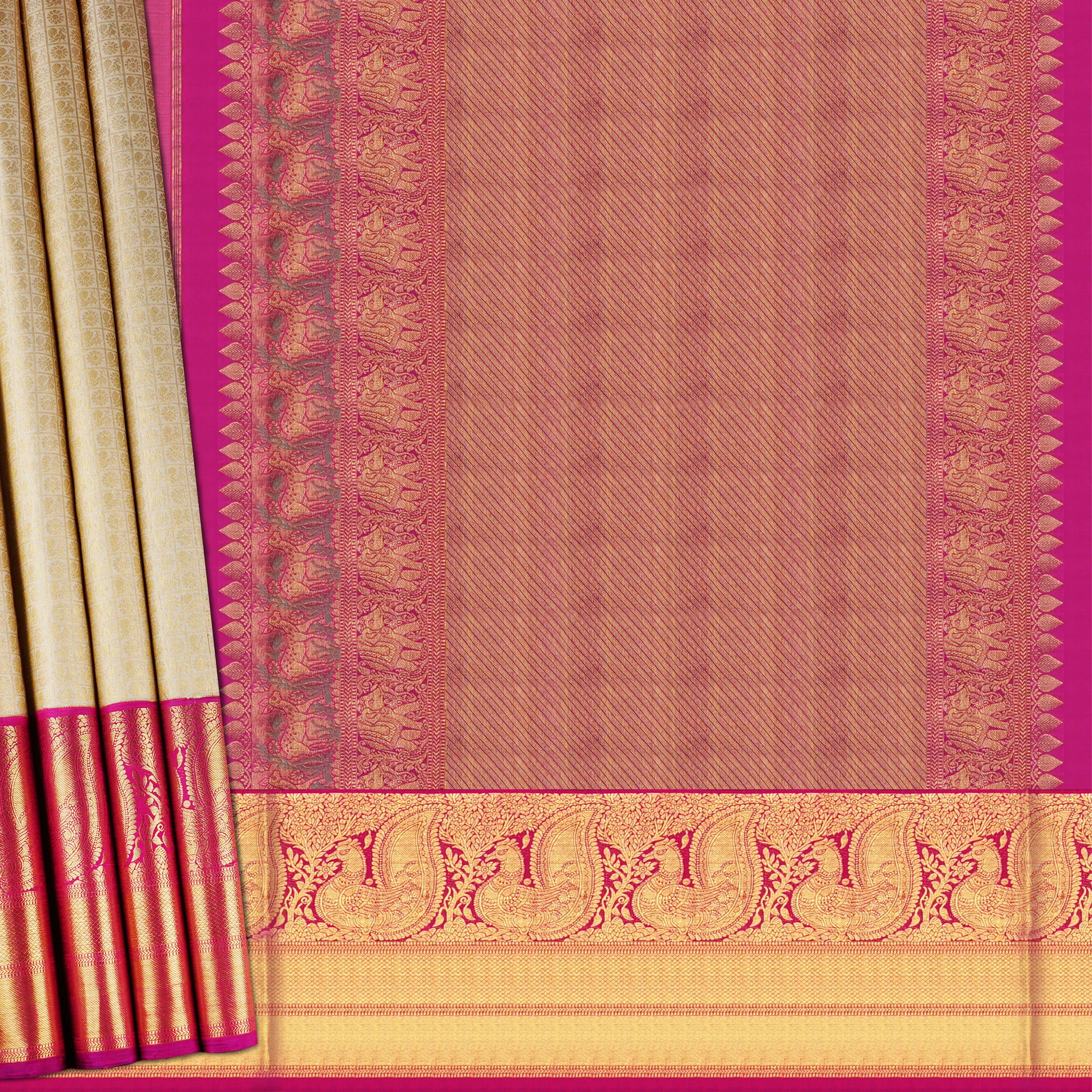 Handwoven Off-white with Pink Kanjivaram Silk Saree - 1860T007504DSC