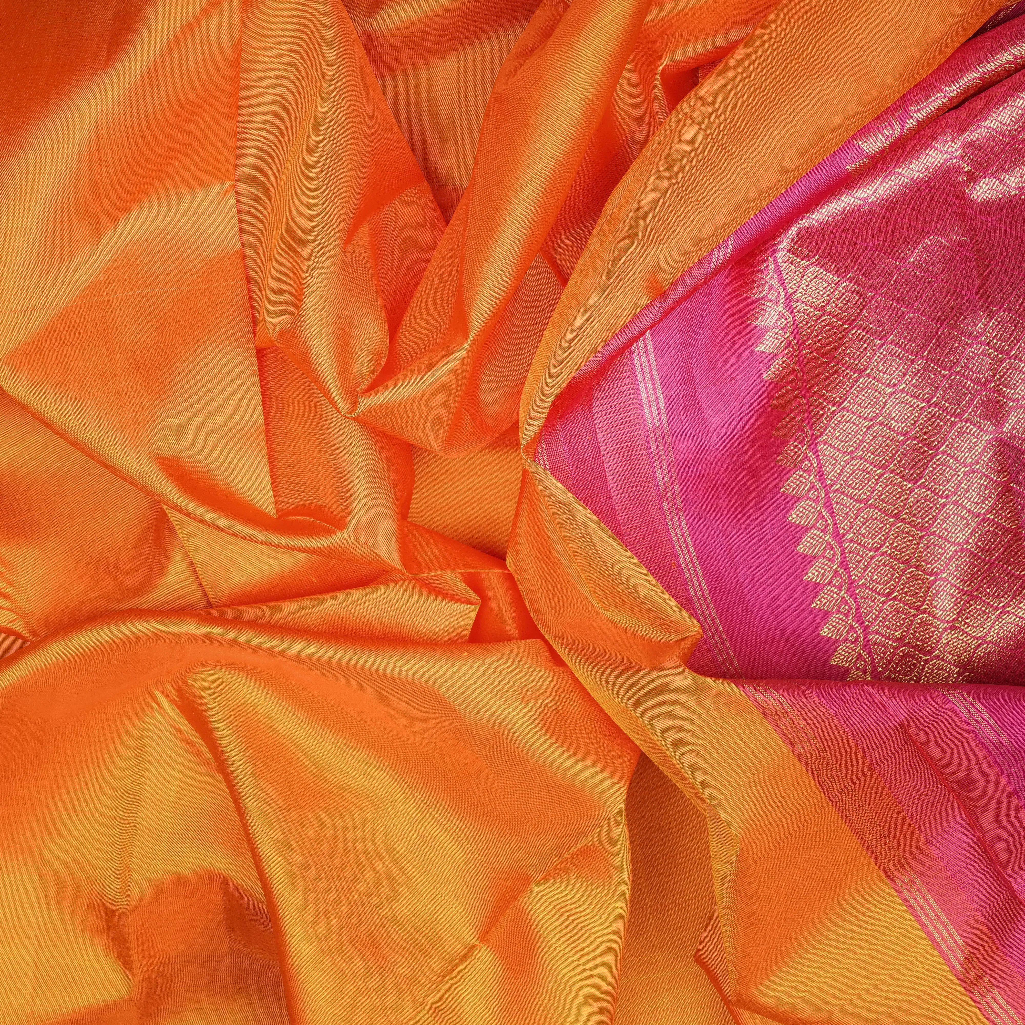 Handwoven Orange with Pink Kanjivaram Silk Saree - 2142T010585DSC