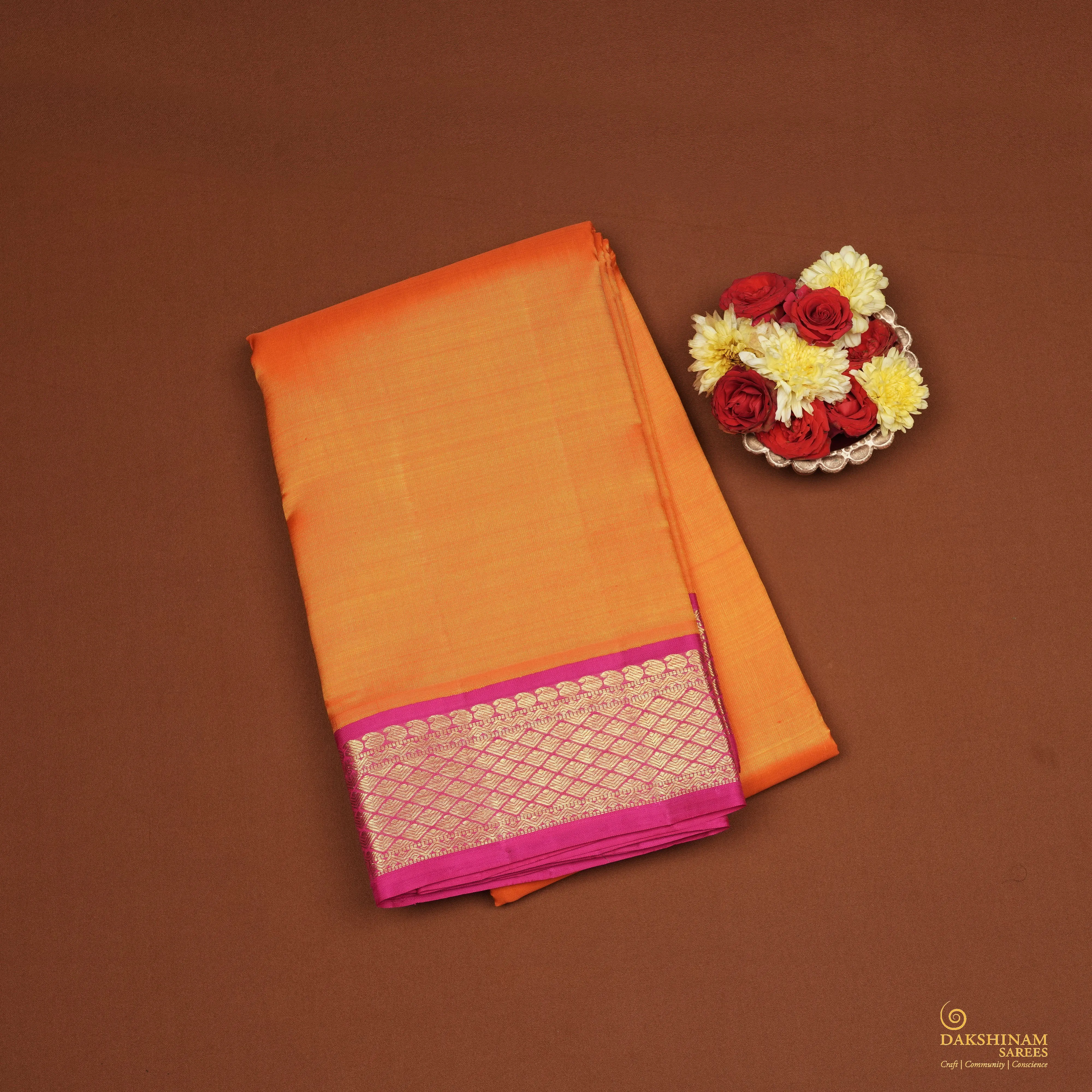 Handwoven Orange with Pink Kanjivaram Silk Saree - 2142T010585DSC