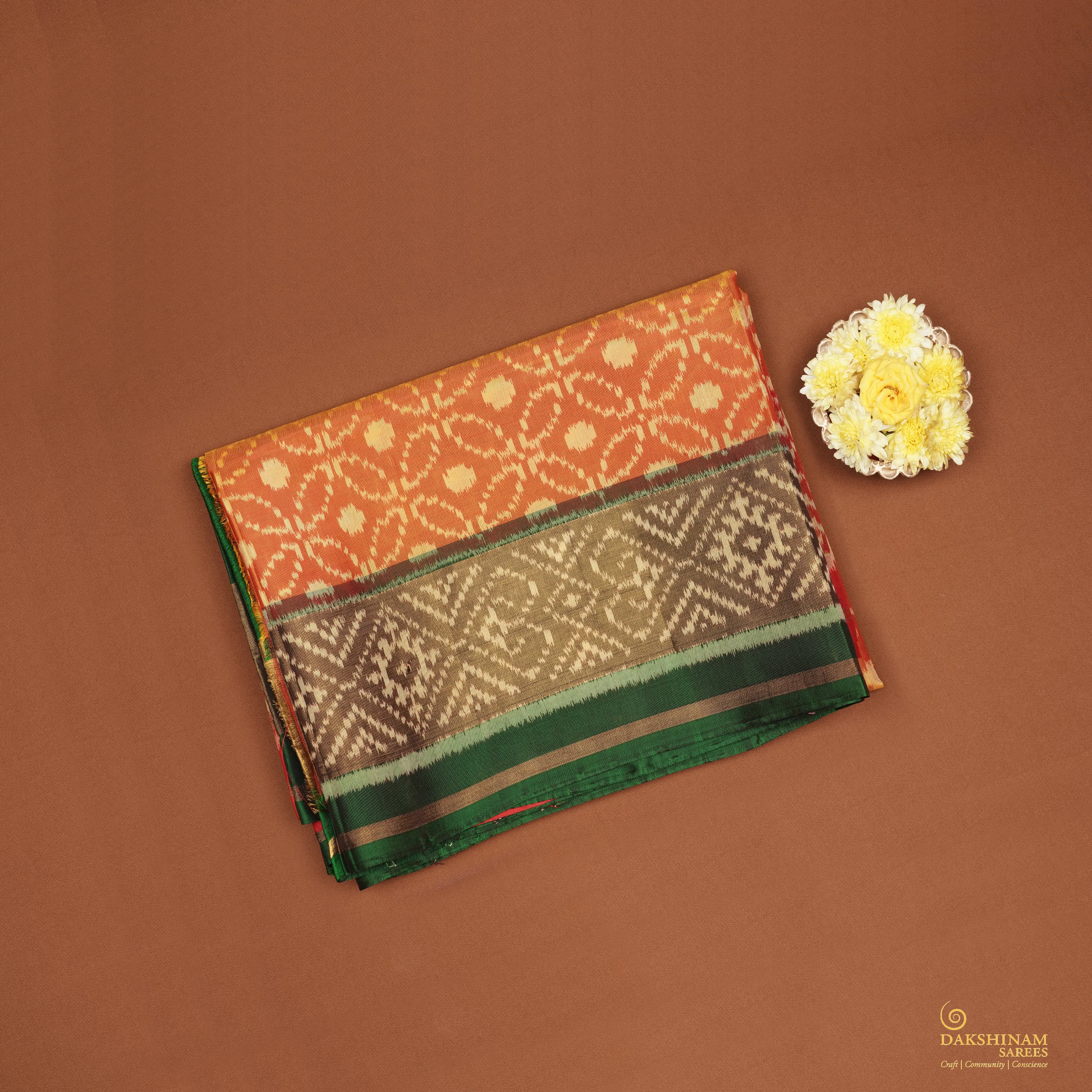 Handwoven Orange with Red and Green Patola Silk Saree - 2157T010736DSC