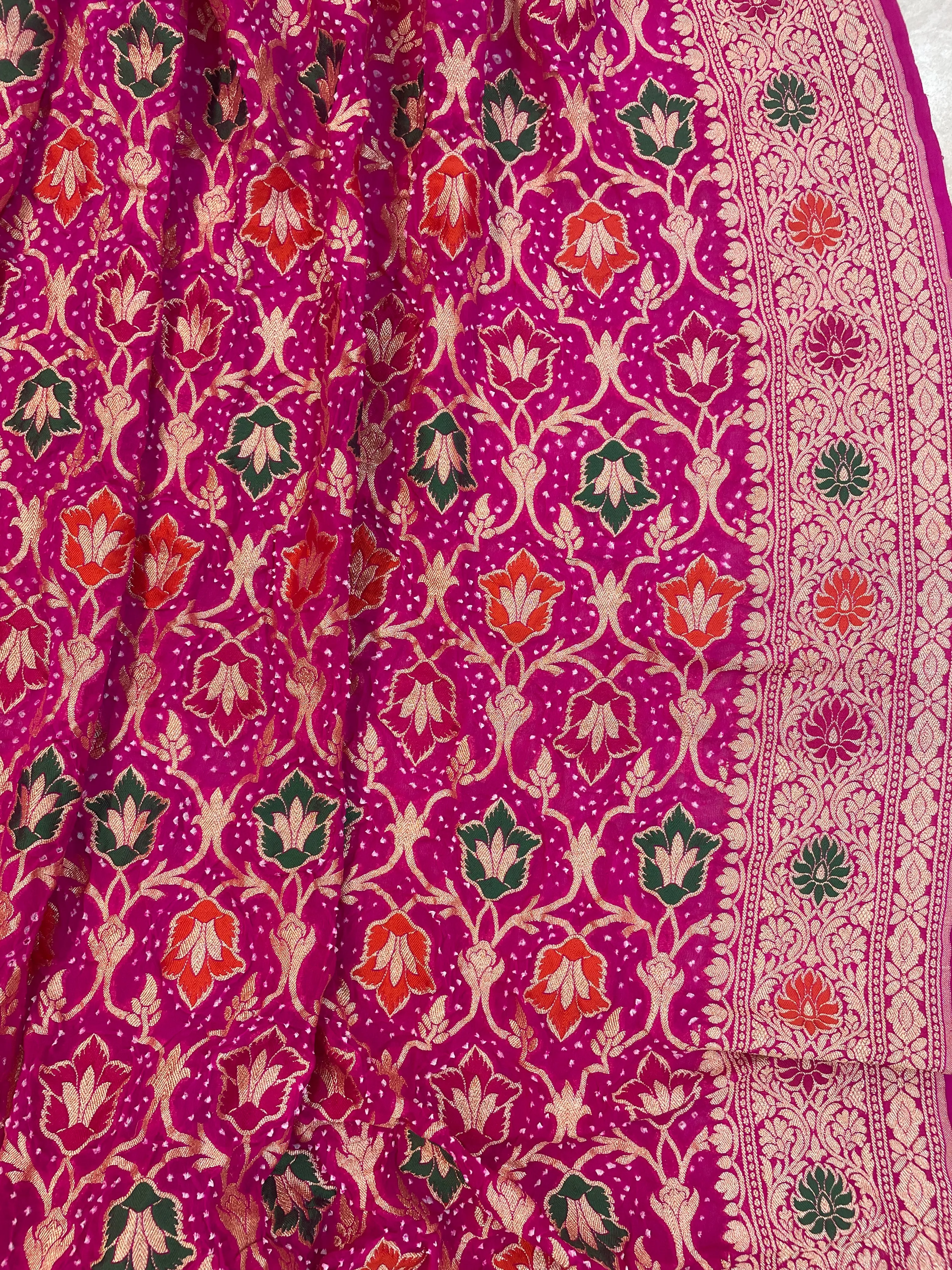 Handwoven Pure Bandhani Banarasi Purple Pink Saree Blouse