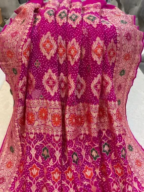 Handwoven Pure Bandhani Banarasi Purple Pink Saree Blouse