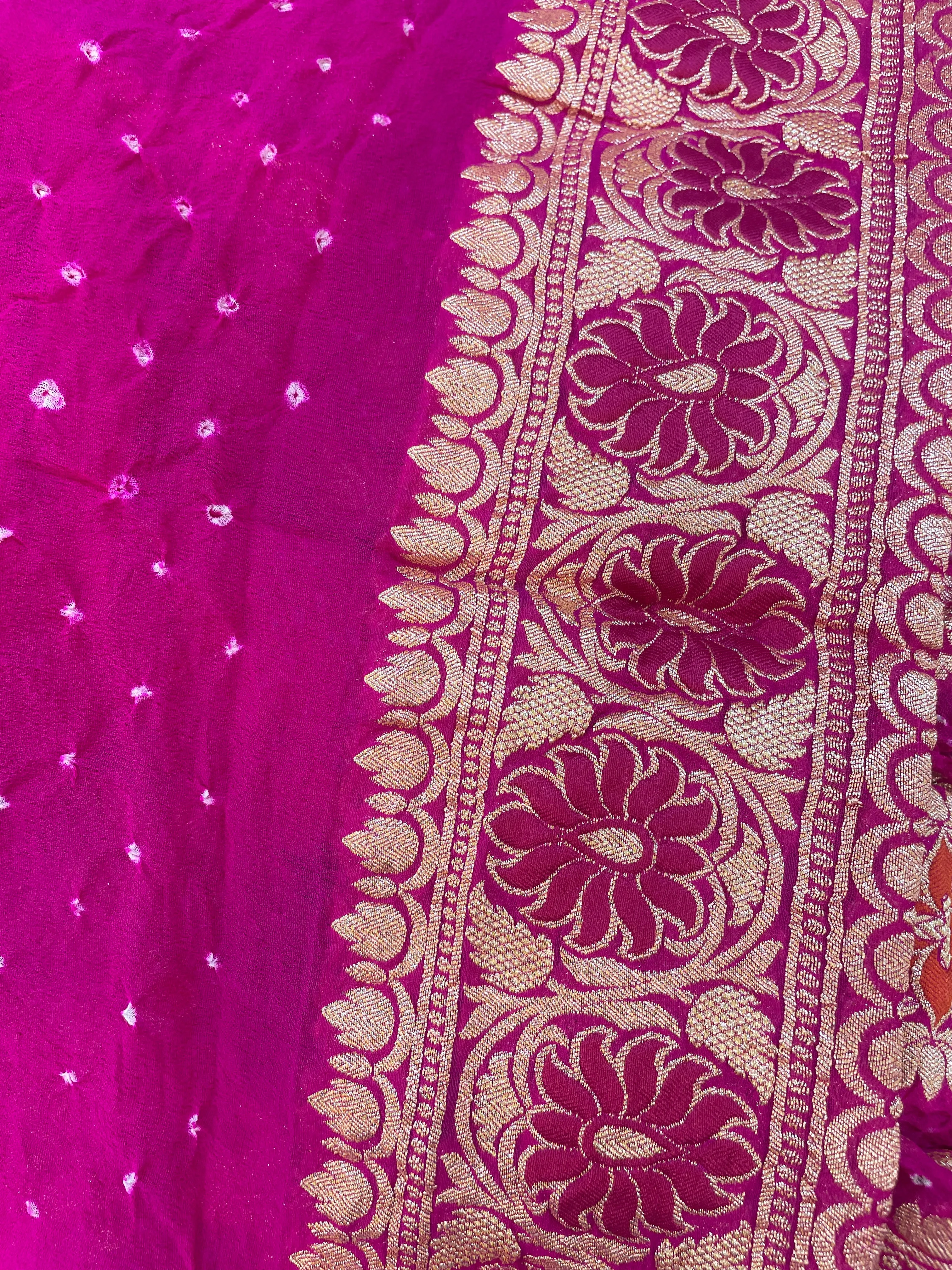 Handwoven Pure Bandhani Banarasi Purple Pink Saree Blouse