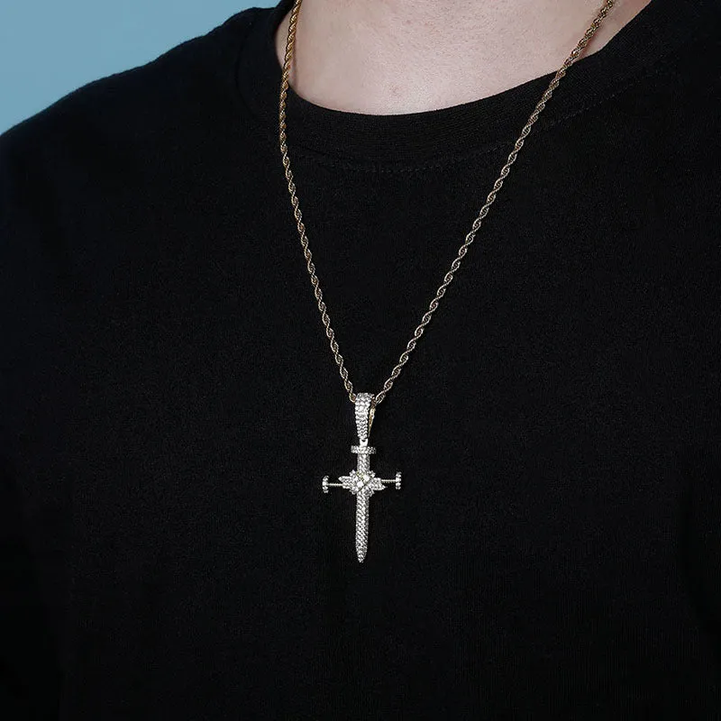 Iced Out Nail Cross Pendant - Silver