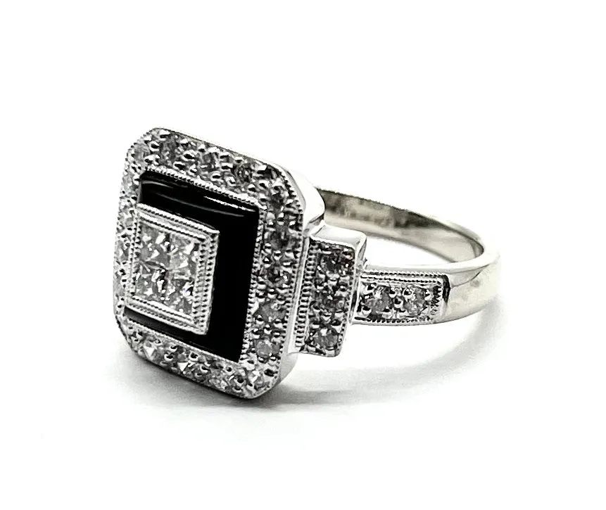 Invisible Set Diamond and Onyx Ring