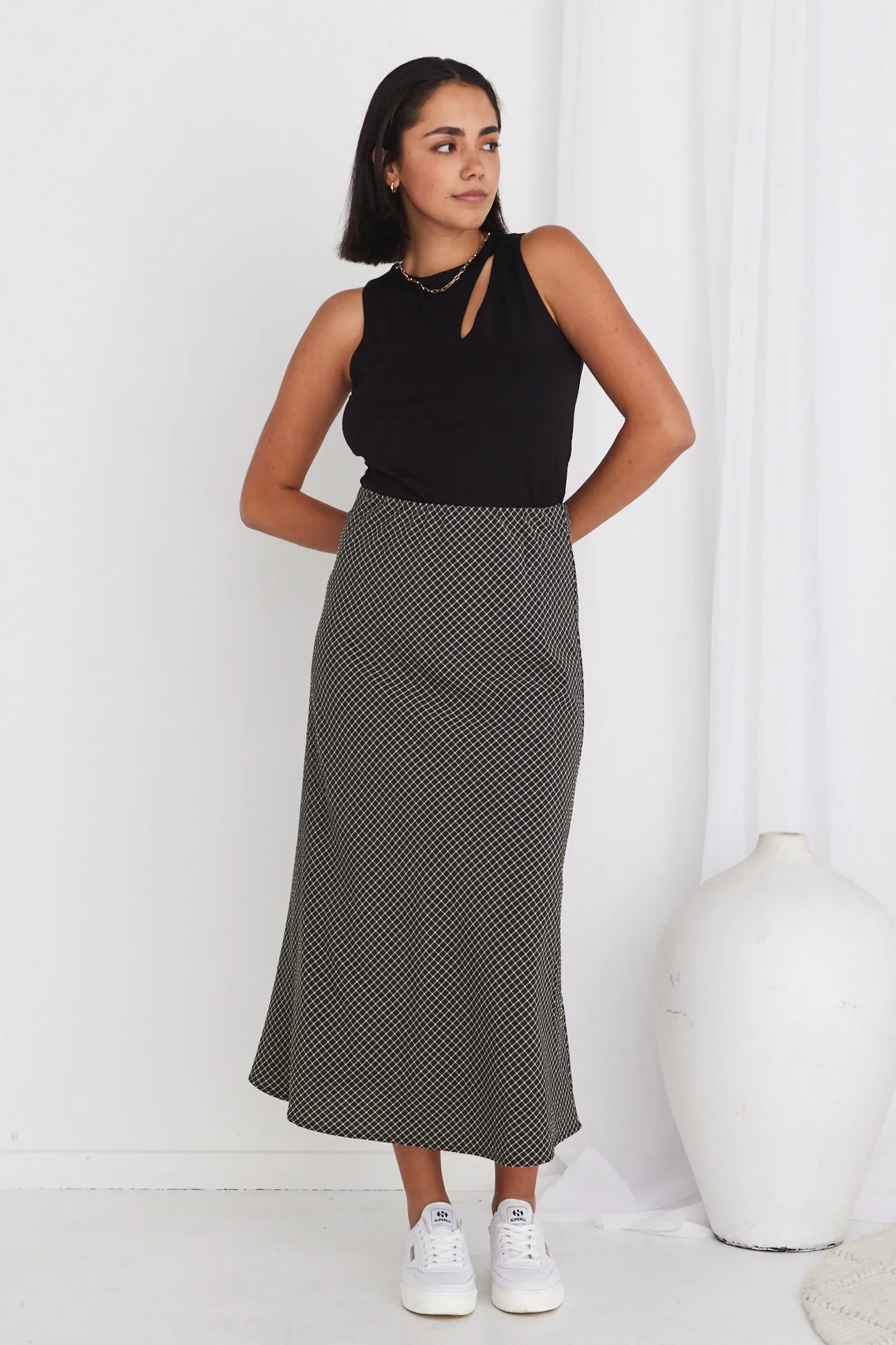 Ivy Black Check Bias Cut Midi Skirt