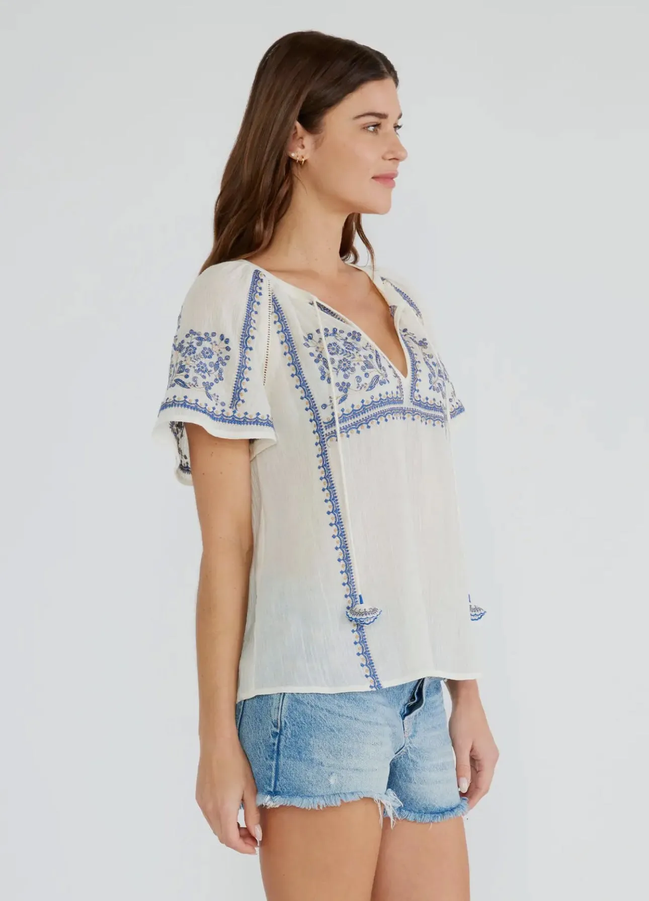 Janienne Embroidered Raglan Short Sleeve Split Neck Lovestitch Top