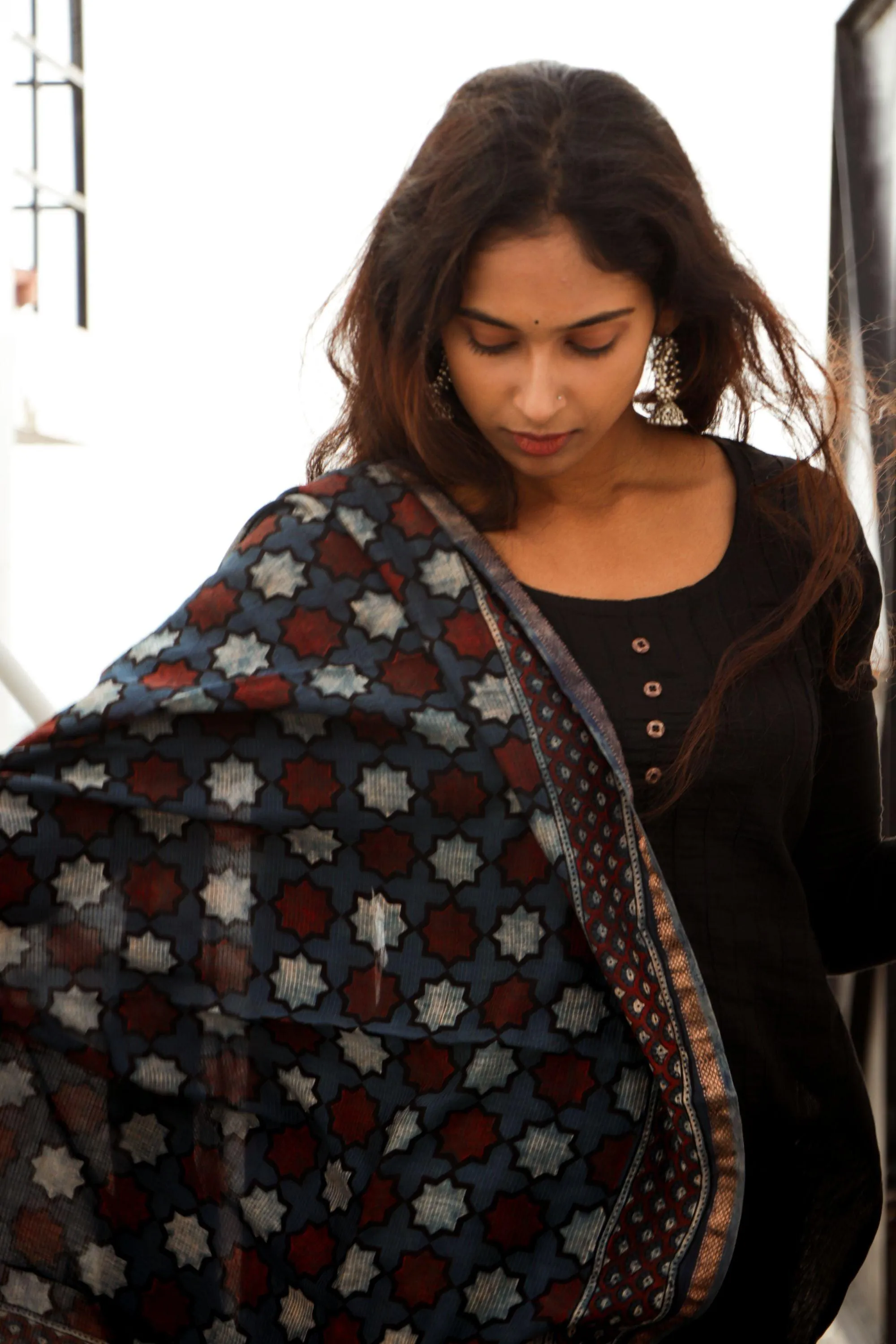 Kaisori Ajrakh Indigo Chanderi Dupatta