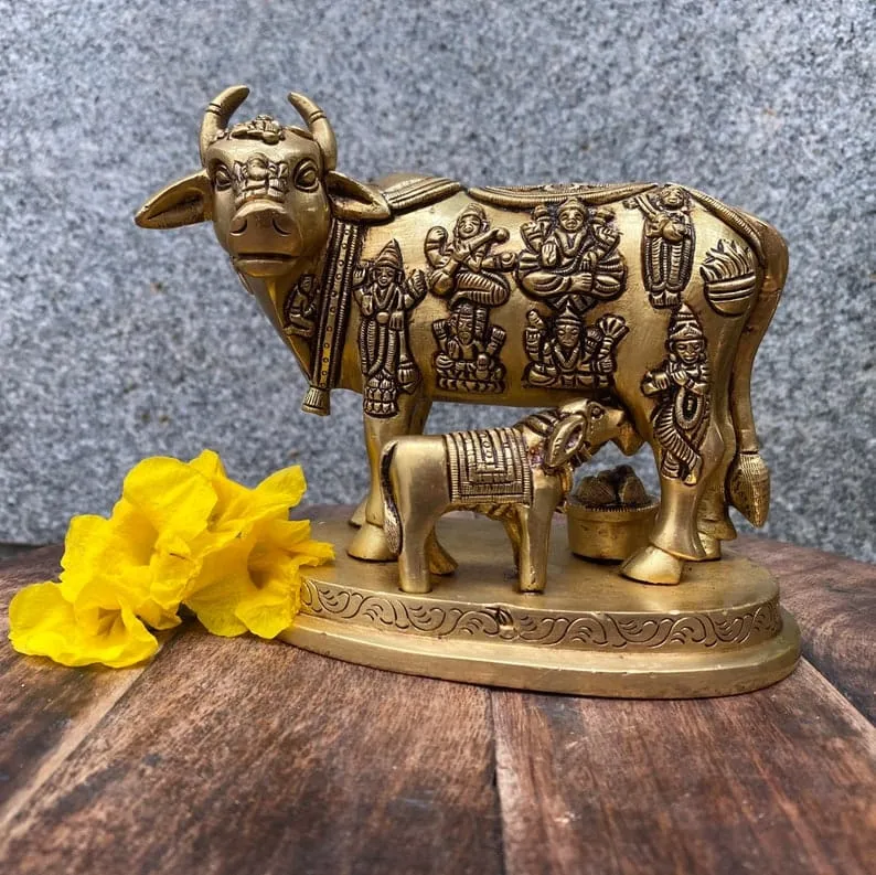 Kamdhenu Cow with Calf Brass Idol -MK001CC