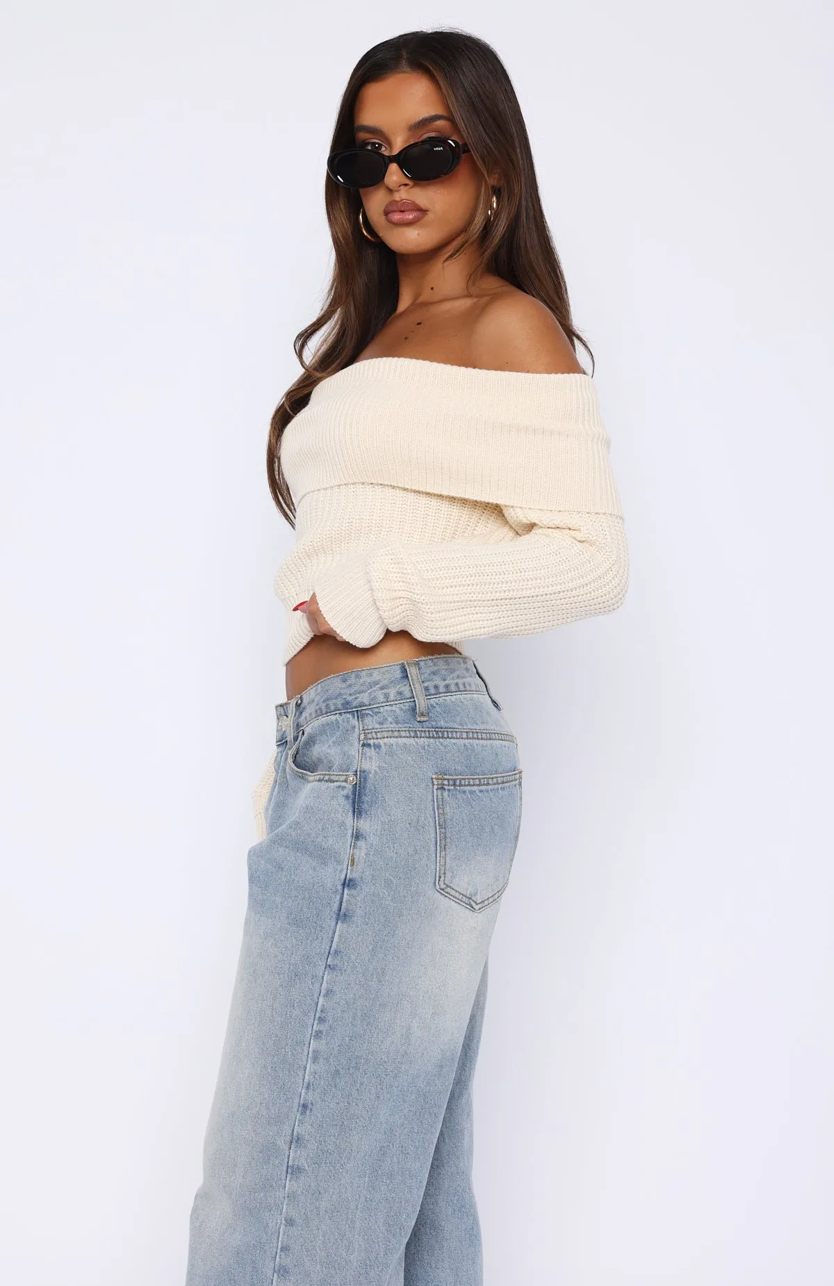 Late Night Out Off Shoulder Knit Top Cream