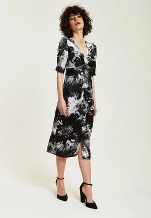 Liquorish Mono Abstract Print Knot Front Midi Dres