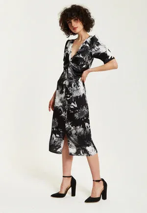 Liquorish Mono Abstract Print Knot Front Midi Dres