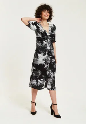 Liquorish Mono Abstract Print Knot Front Midi Dres