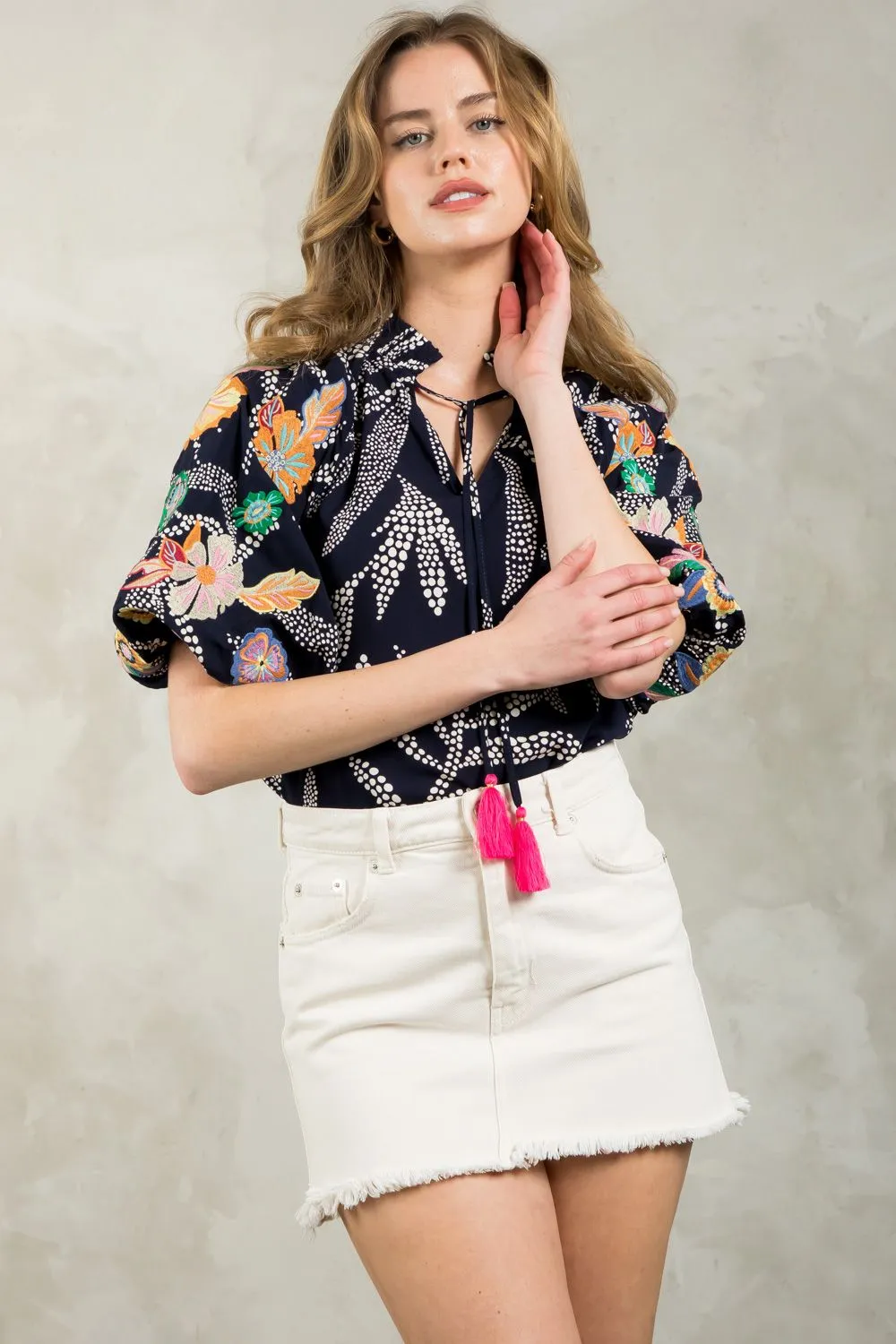 Lucinda Embroidered Puff Sleeve Tassle Tie THML Top