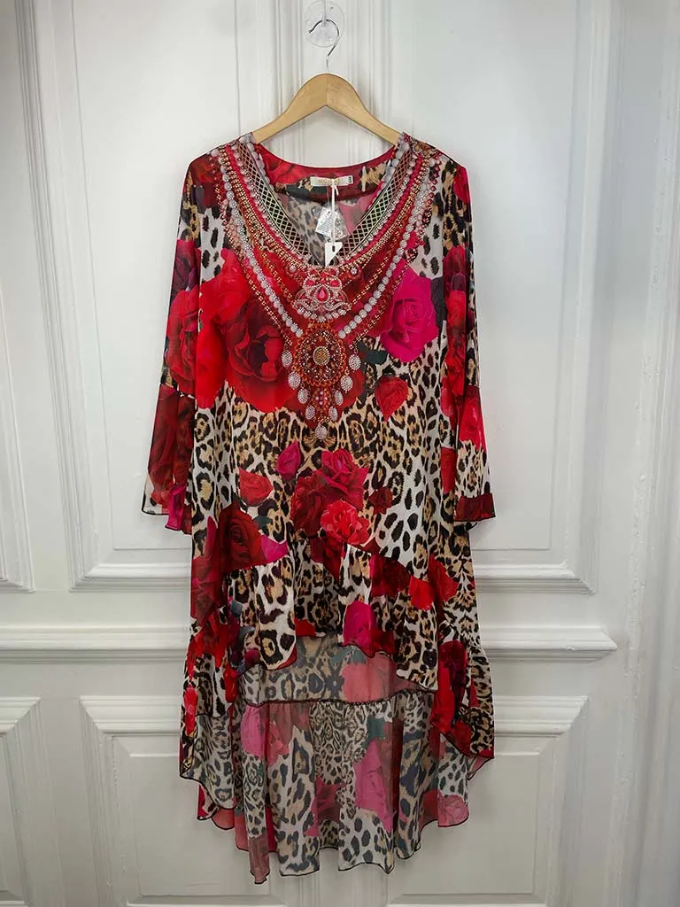 Malissa J Dip Back Embellished Kaftan Tunic - Rose & Leopard