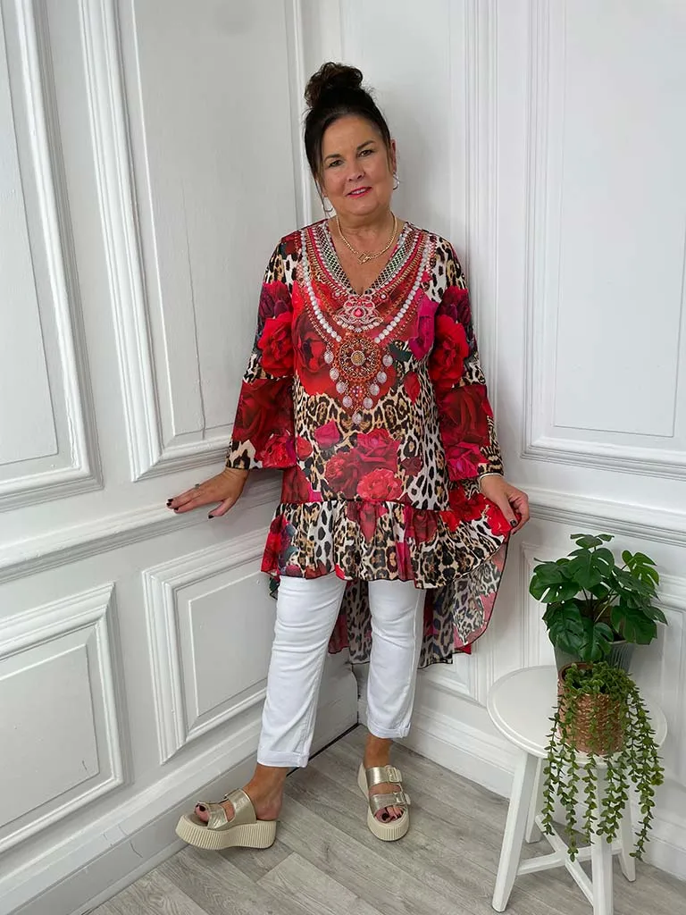 Malissa J Dip Back Embellished Kaftan Tunic - Rose & Leopard