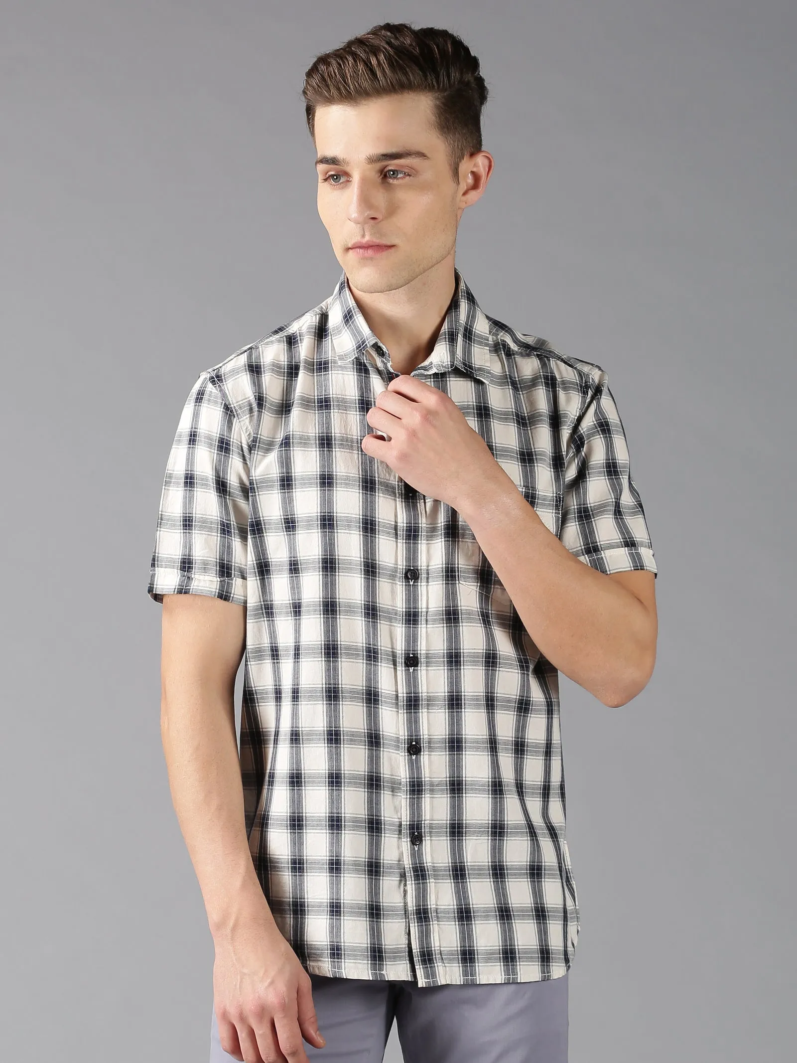 MEN'S BLACK WHITE CHECK SLIM FIT SHIRT