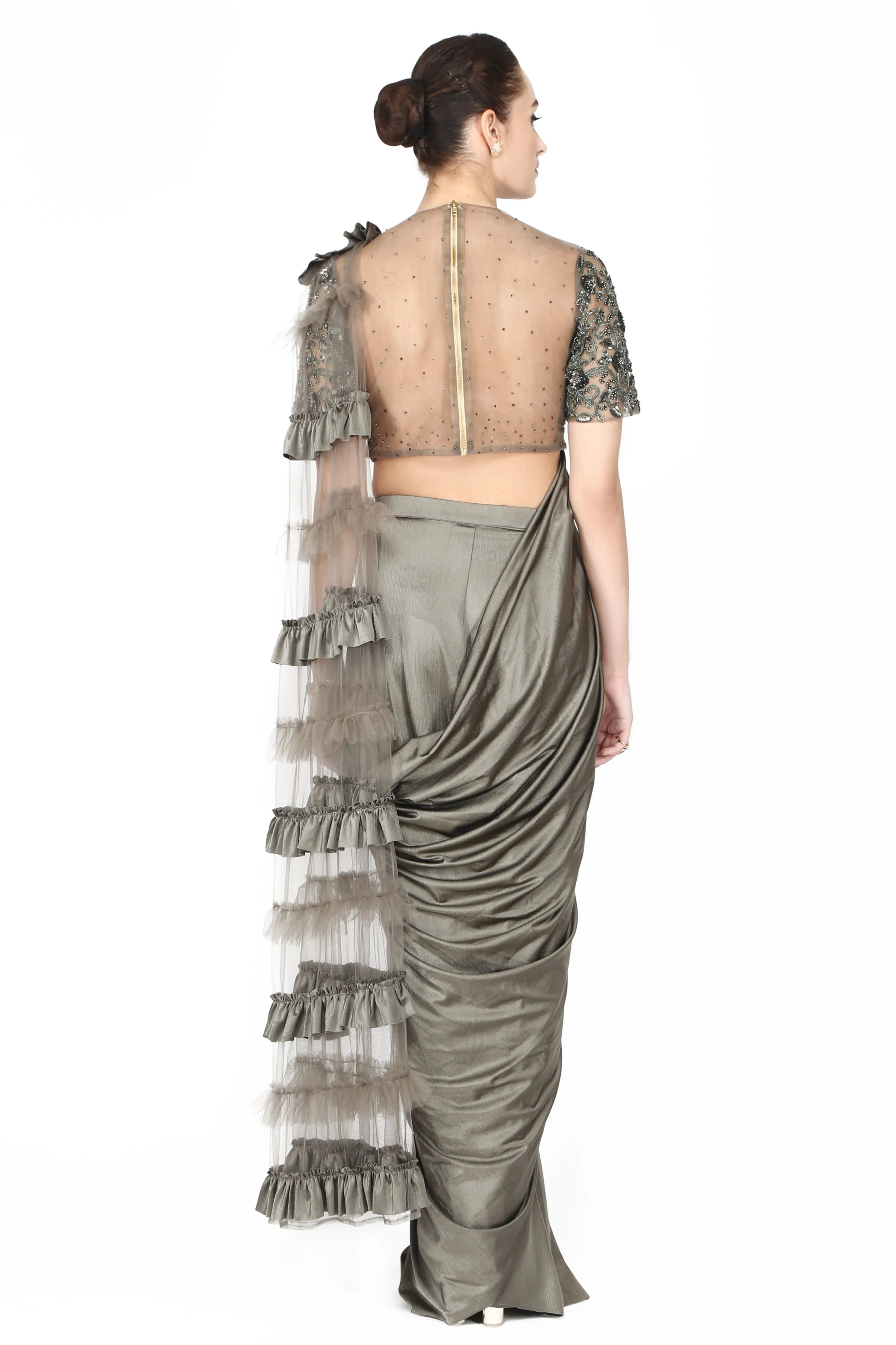 Metallic charcoal grey drape saree.