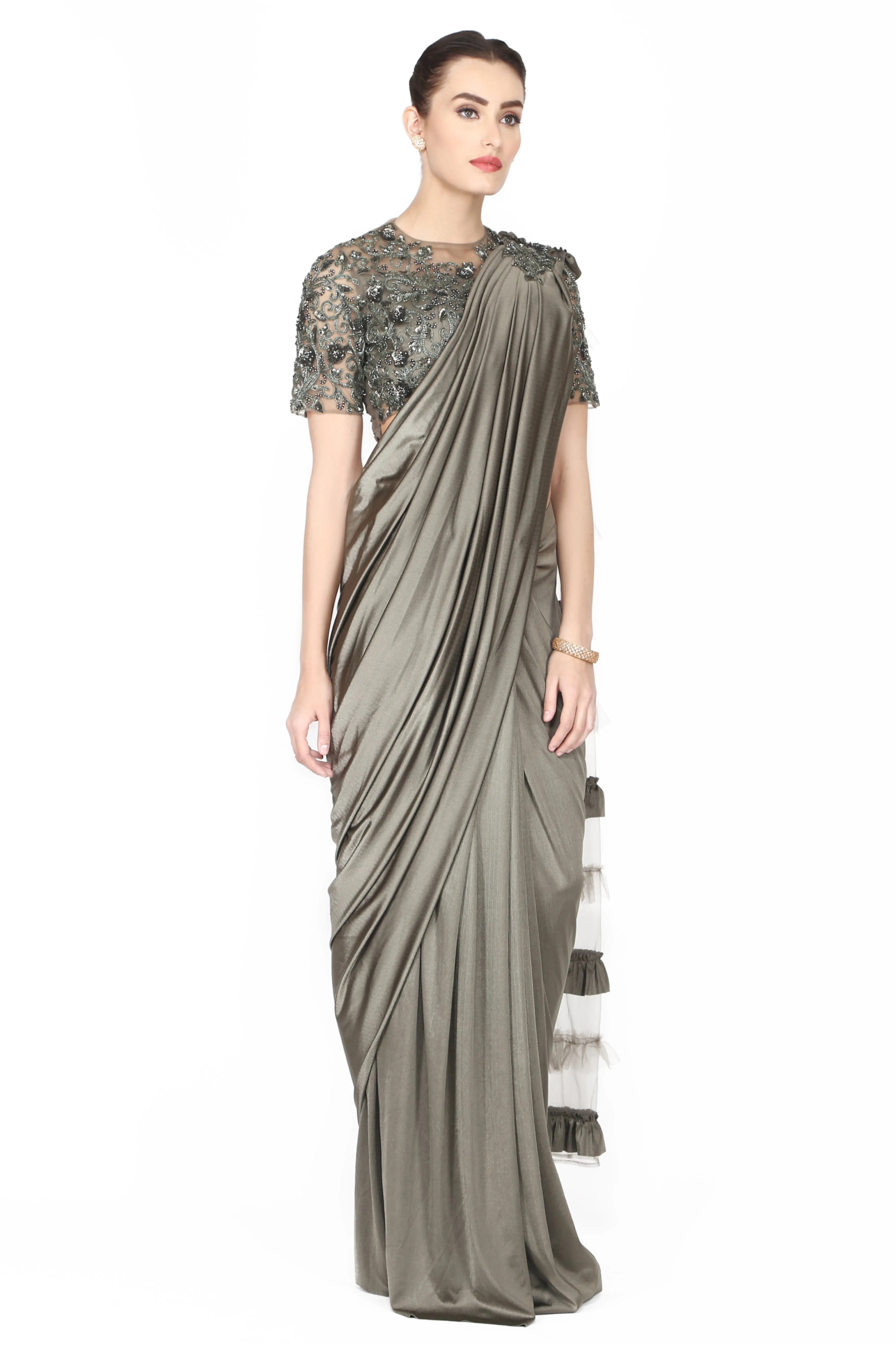 Metallic charcoal grey drape saree.