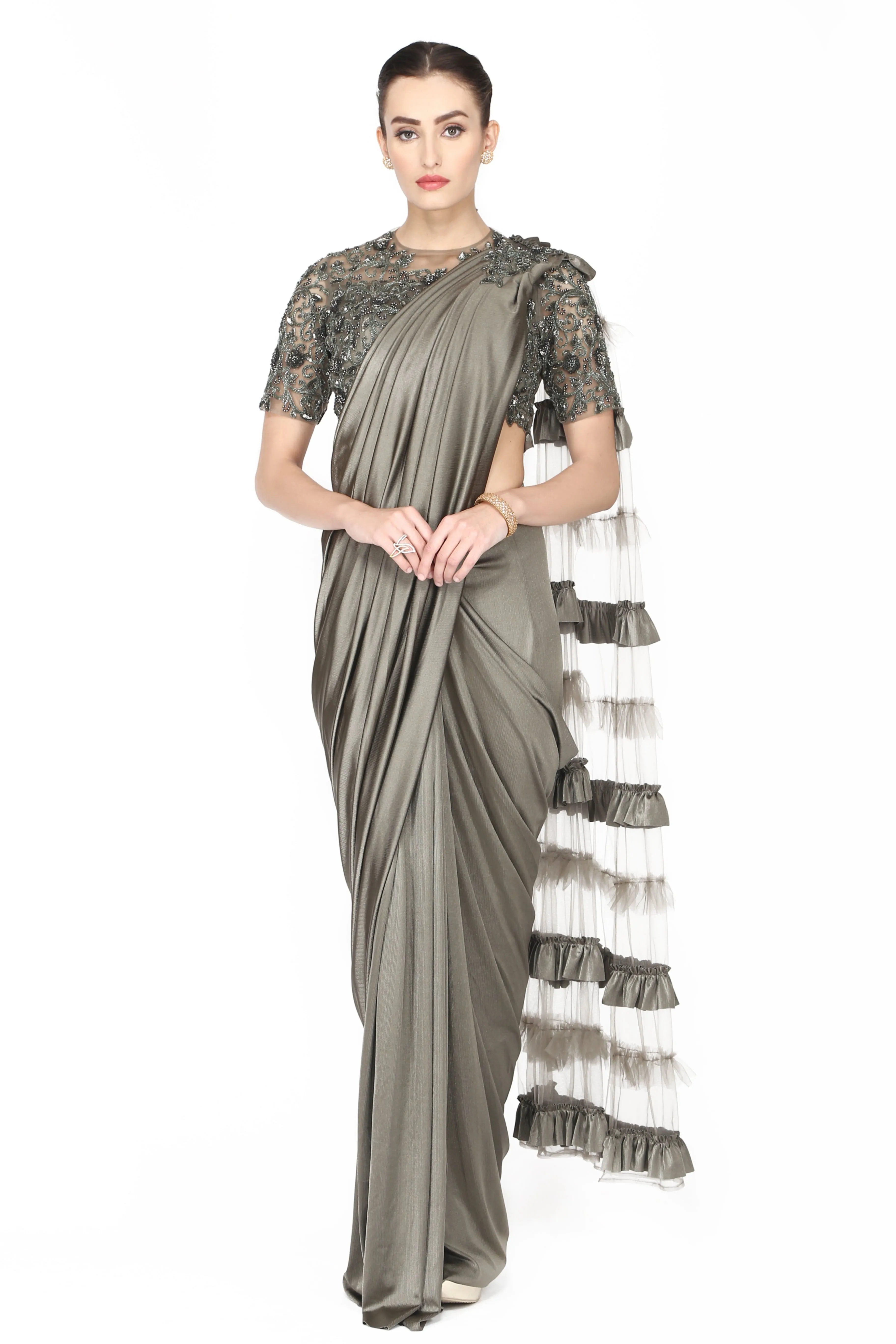 Metallic charcoal grey drape saree.