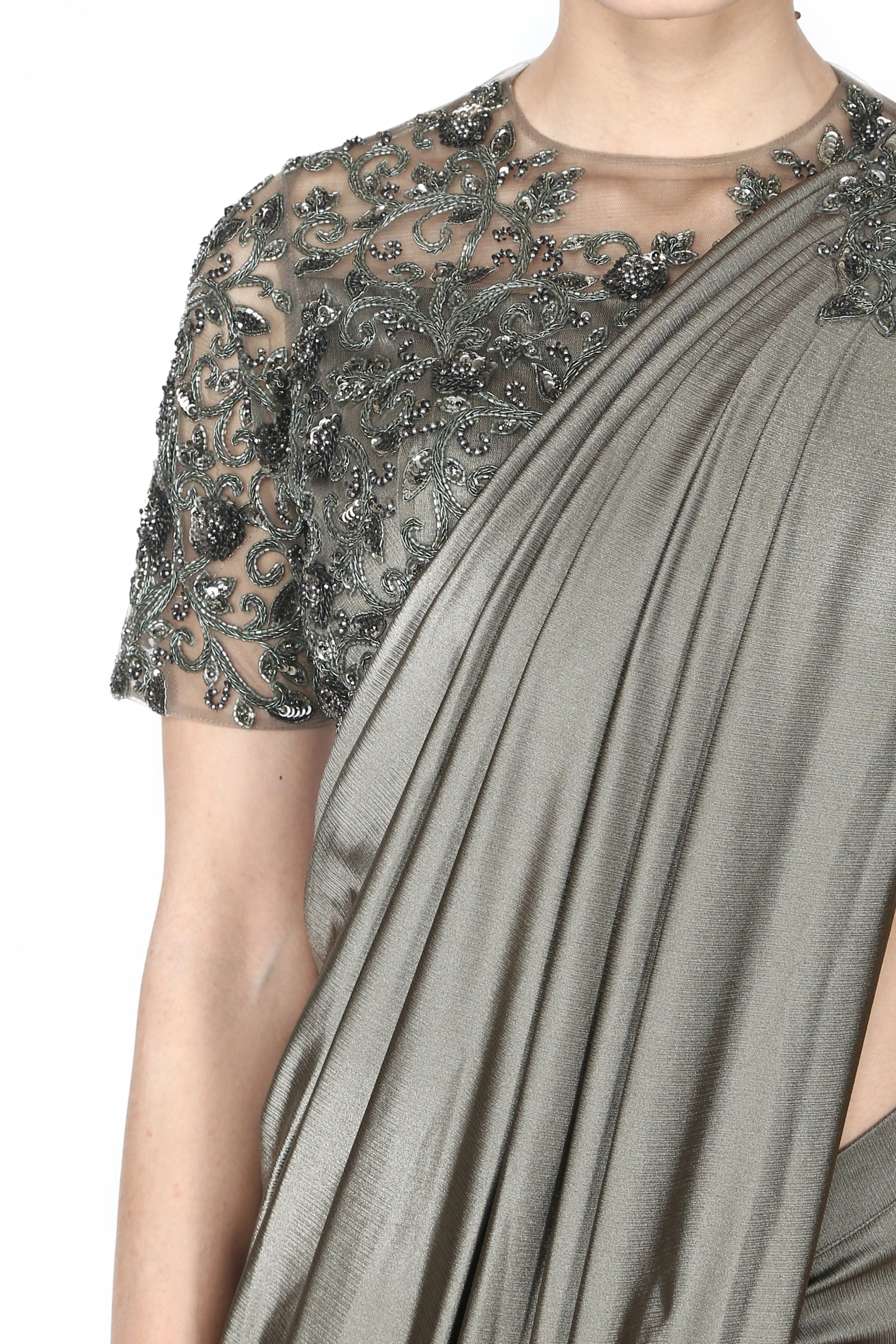 Metallic charcoal grey drape saree.