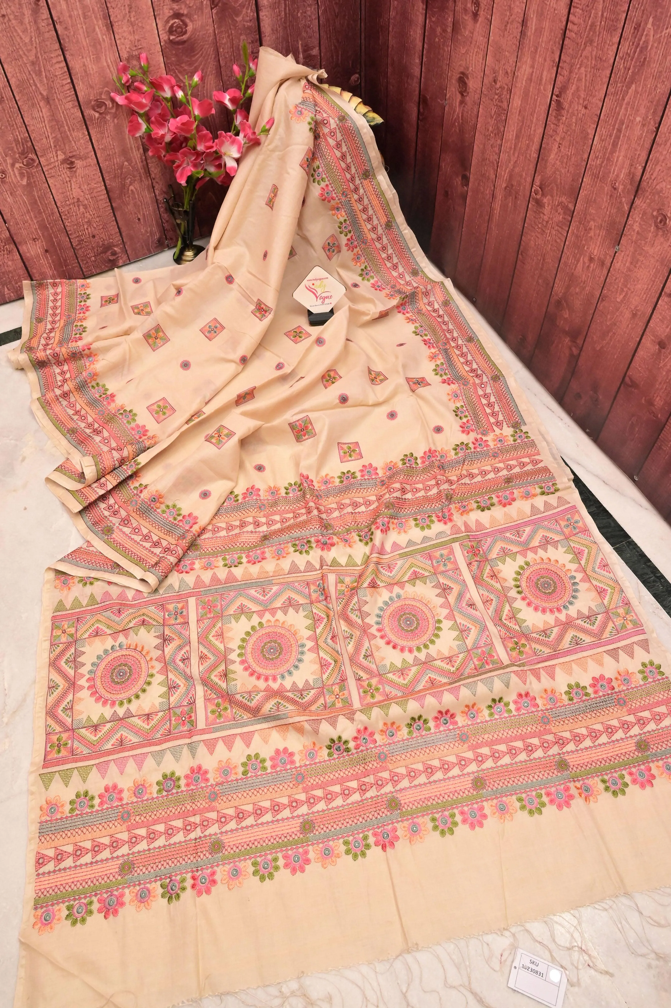 Natural Cream Color Half Tussar with Lambani Embroidery