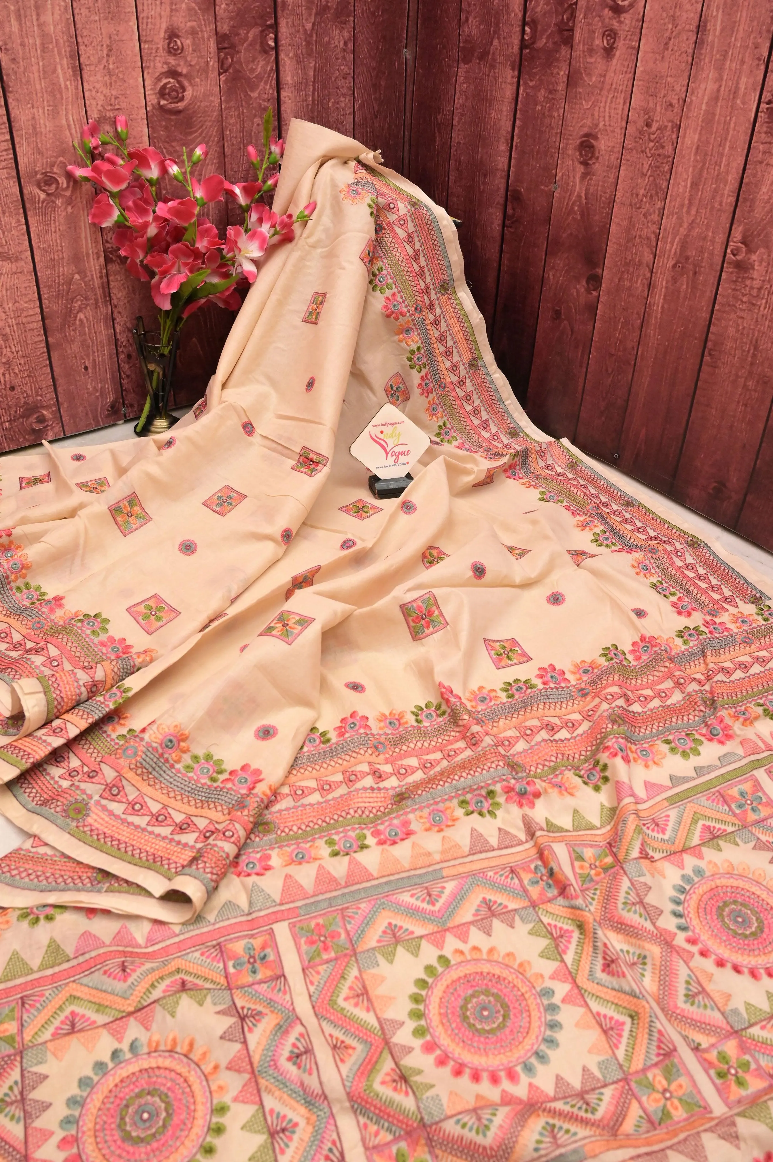 Natural Cream Color Half Tussar with Lambani Embroidery