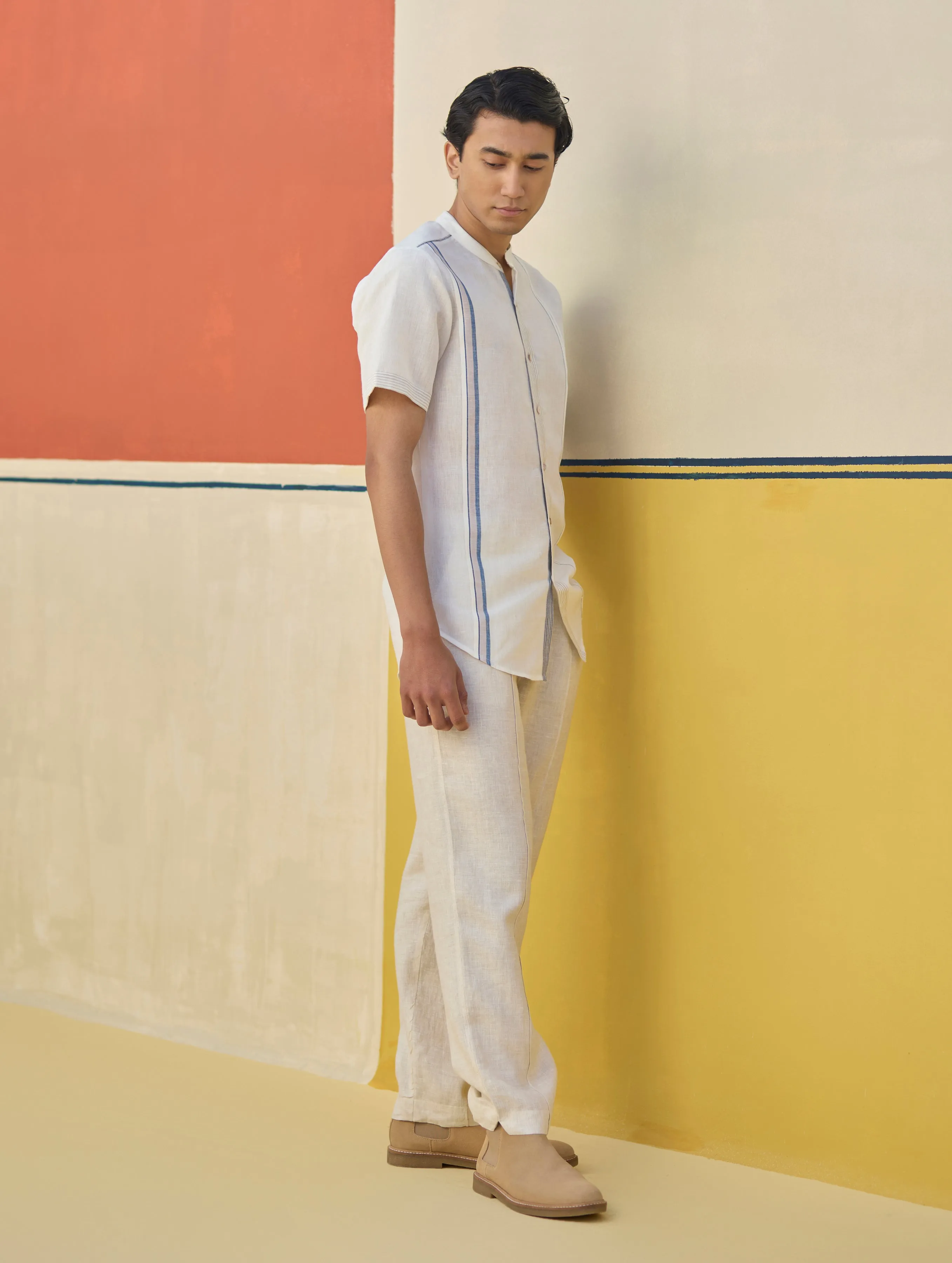 Niko Border Linen Shirt - Ivory