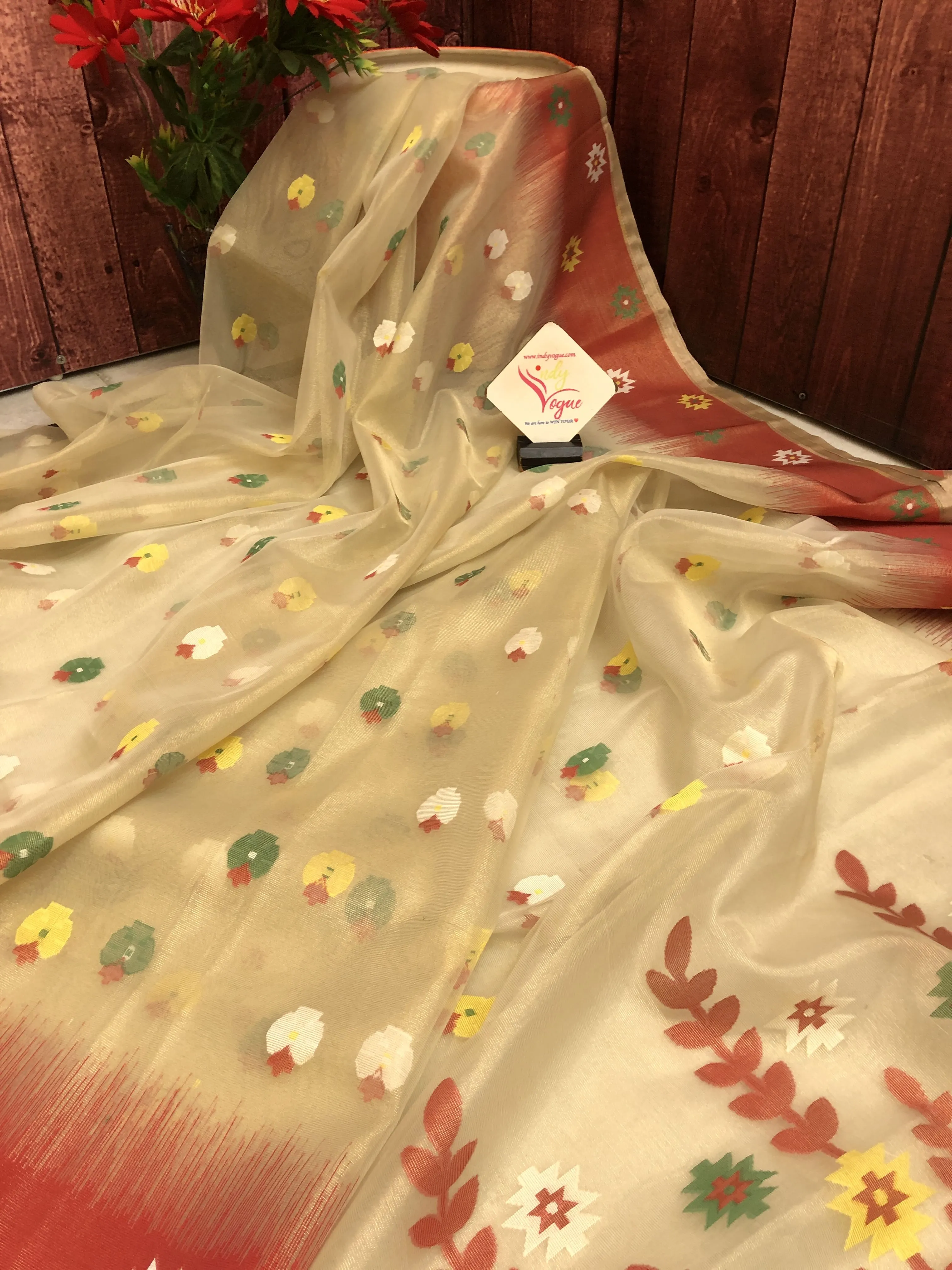 Offwhite and Red Color Tissue Resham Jamdani Saree