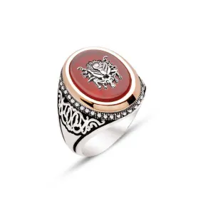 Ottoman Coat of Arms on Red Agate Stone Ellipse Silver Men’s Ring Siding White Zircons and Curvy Pattern