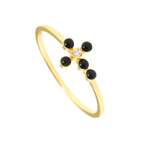 Pearled Cross Diamond Black Ring, Yellow Gold, Size 5.25