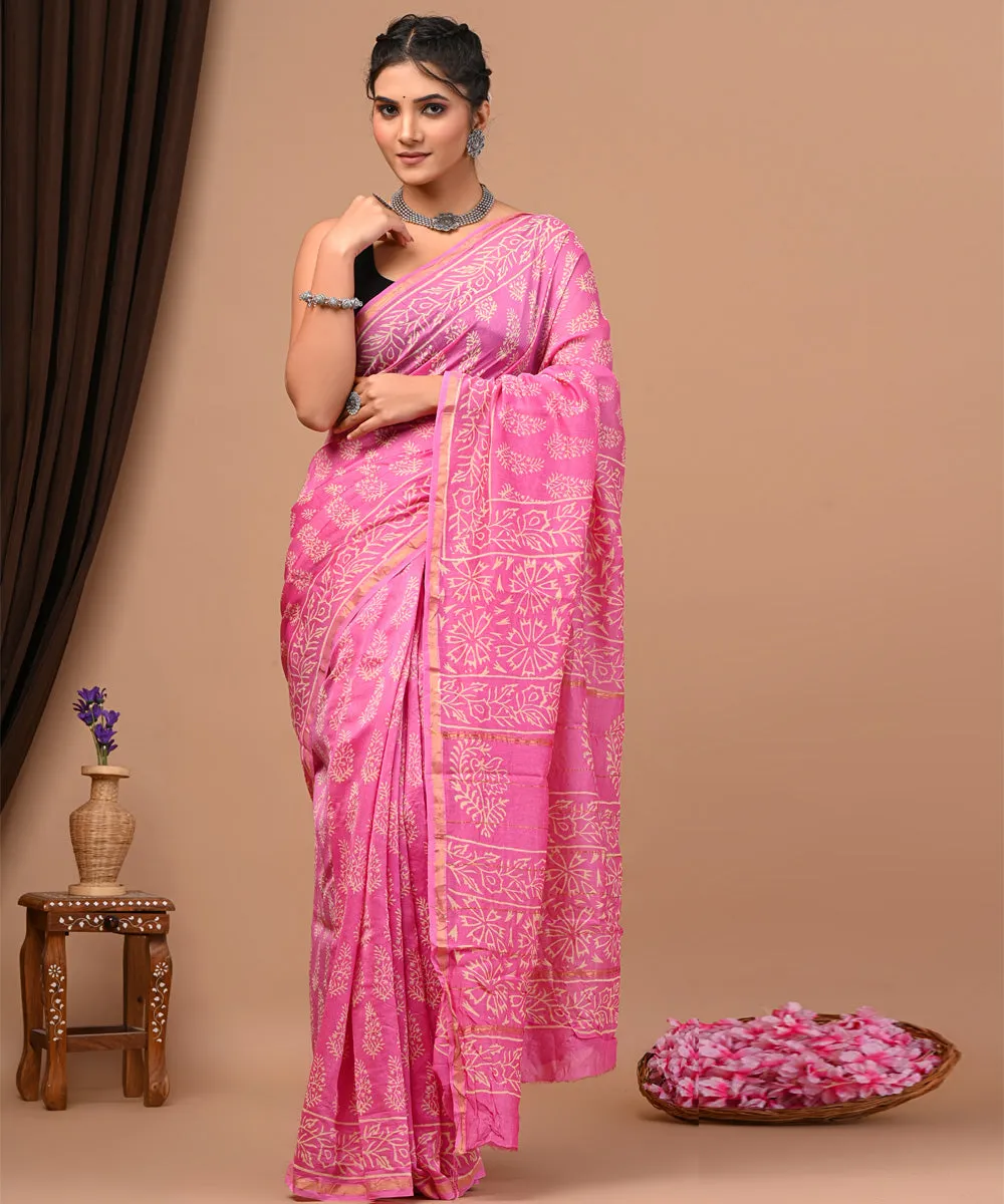 Pink offwhite cotton silk sanganeri hand block printed saree