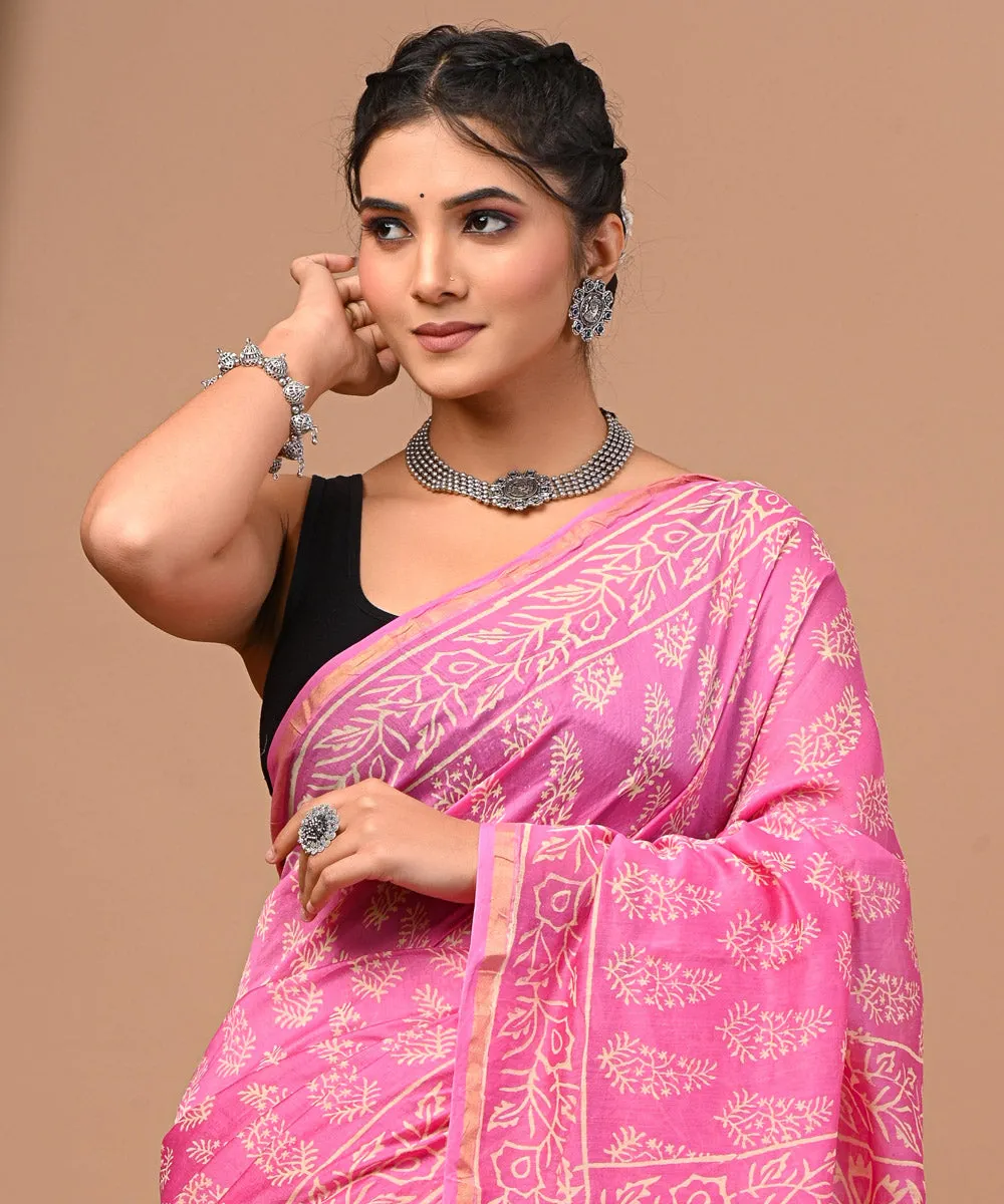 Pink offwhite cotton silk sanganeri hand block printed saree