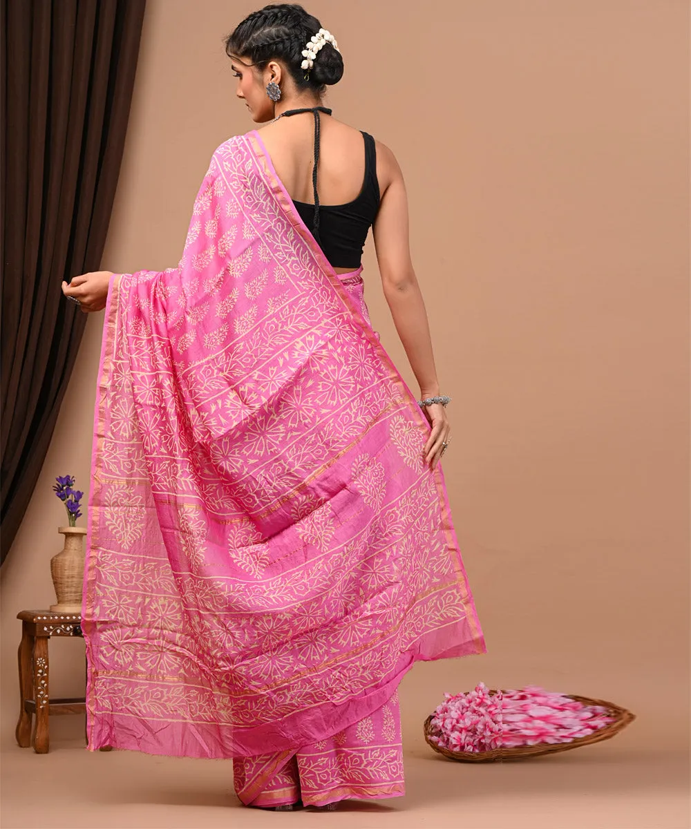 Pink offwhite cotton silk sanganeri hand block printed saree