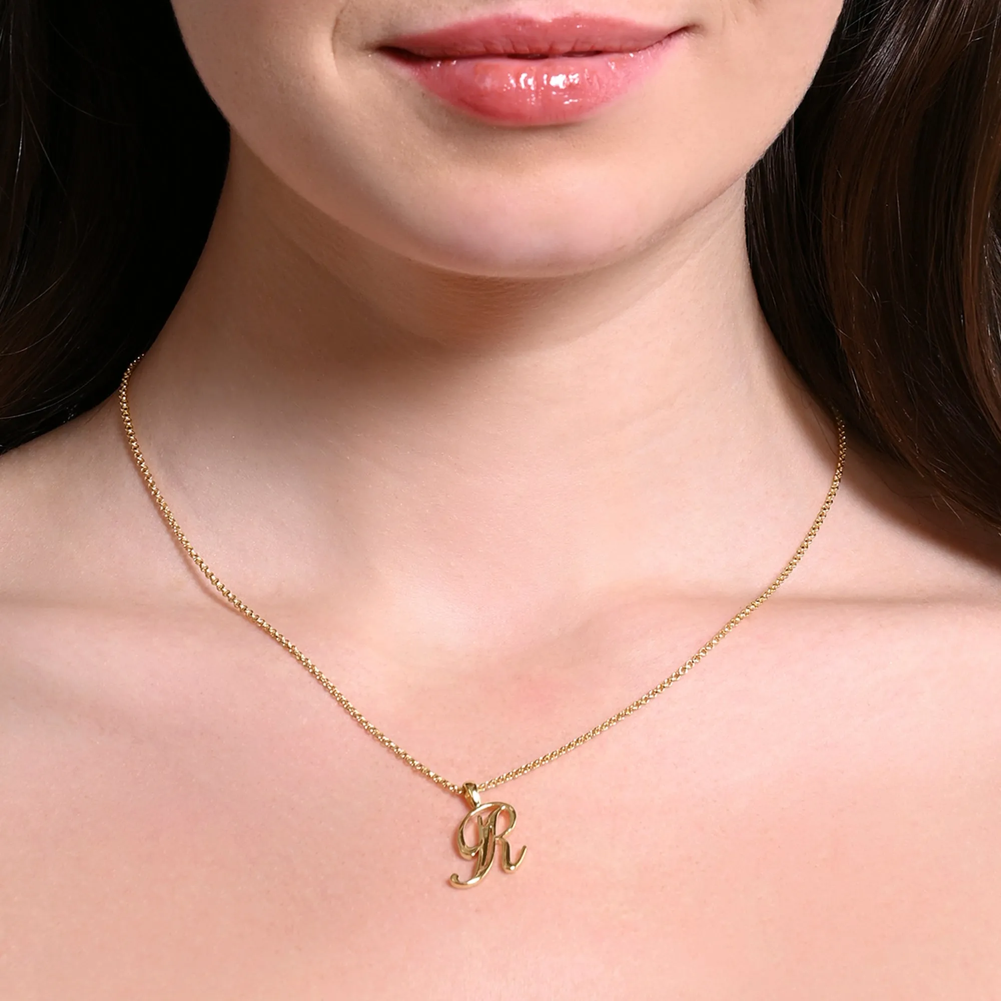 Real Gold-plated Script (R) Initial Pendant Necklace Gold