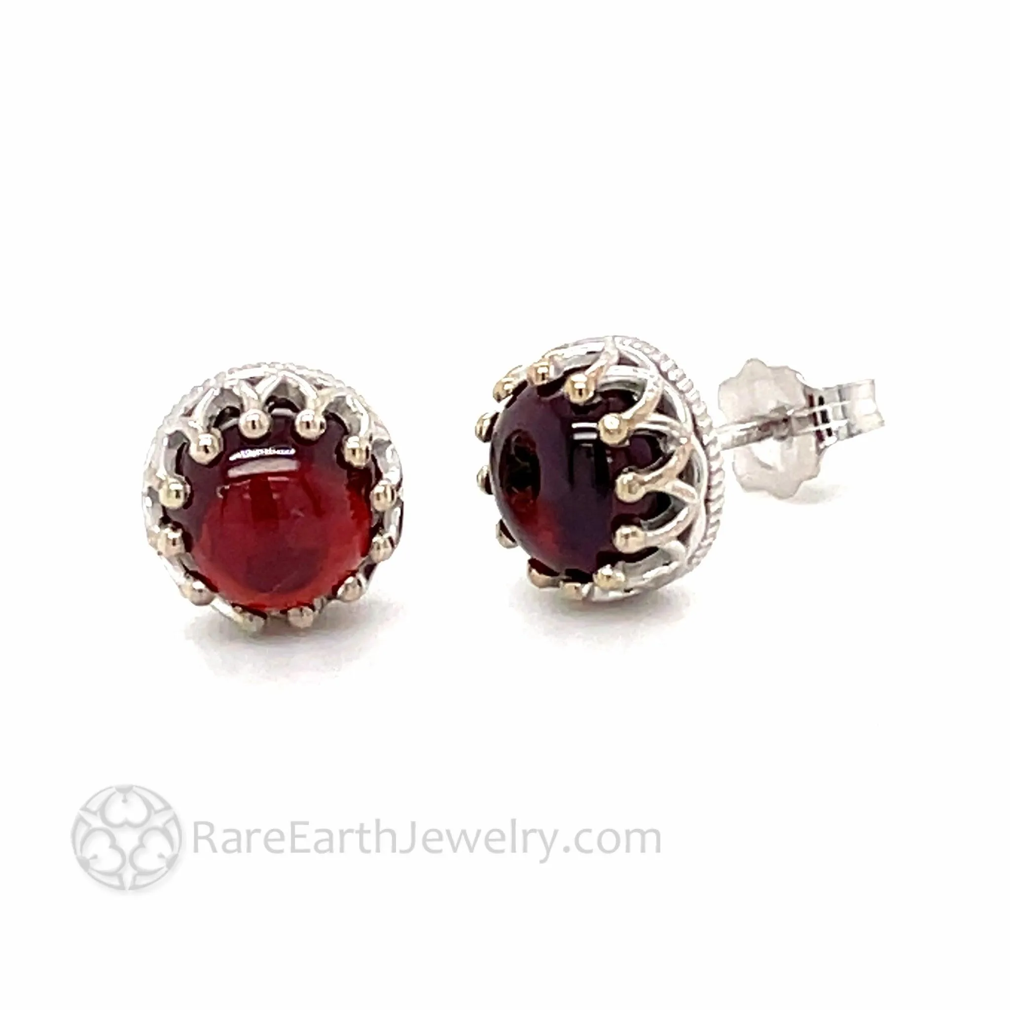 Red Garnet Stud Earrings 14K Gold Crown Design Mozambique Garnet Cabochons