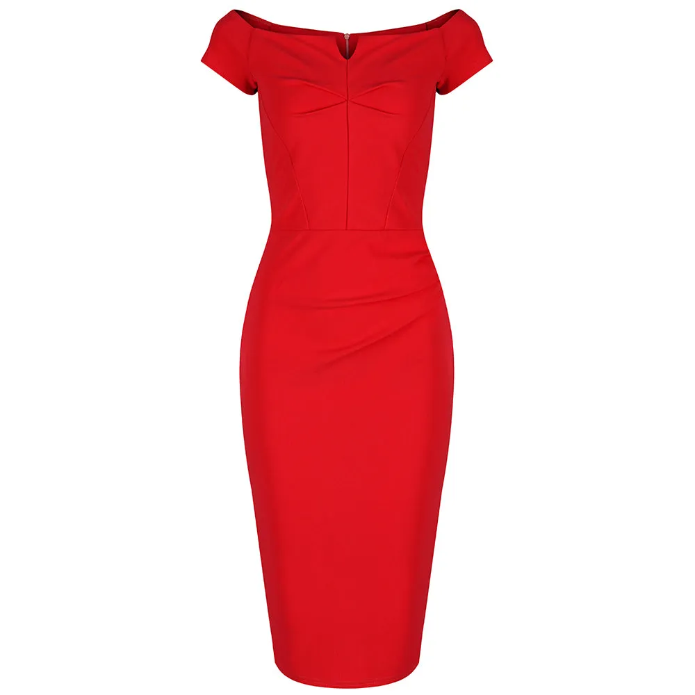 Red Notch Neck Cap Sleeve Bodycon Pencil Dress