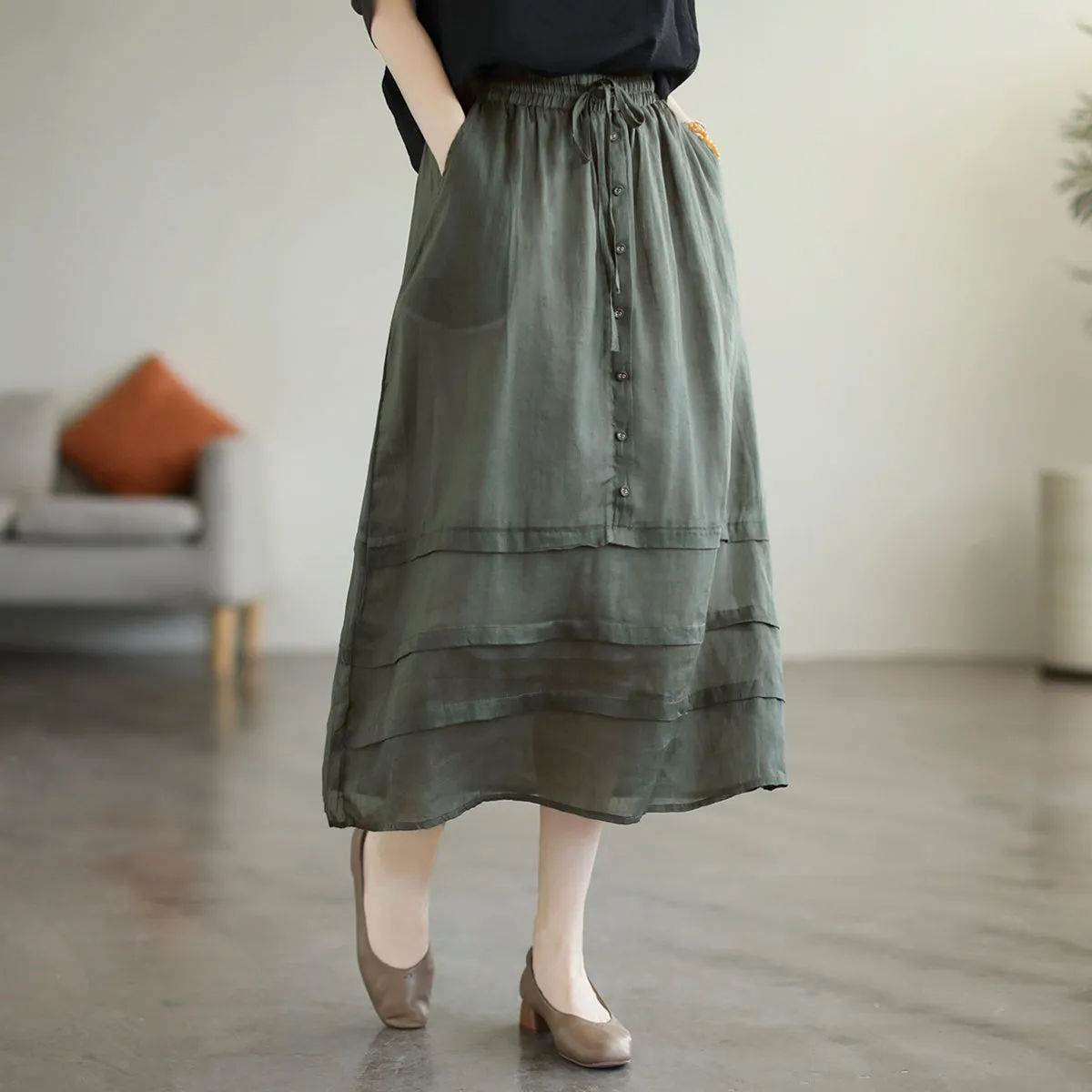 Retro A-Line Summer Patchwork Linen Skirt