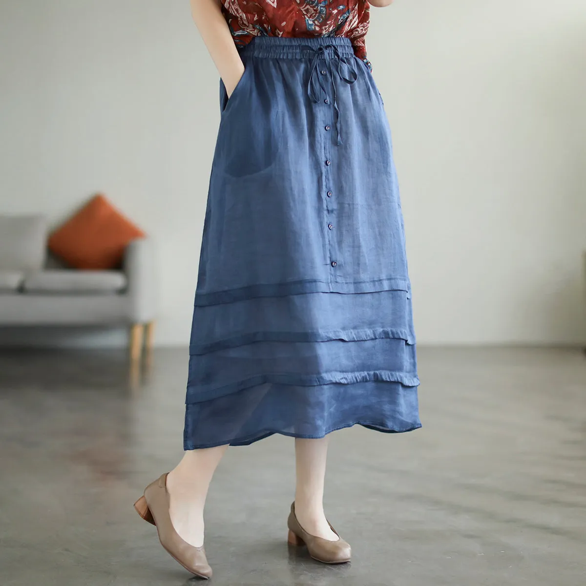 Retro A-Line Summer Patchwork Linen Skirt