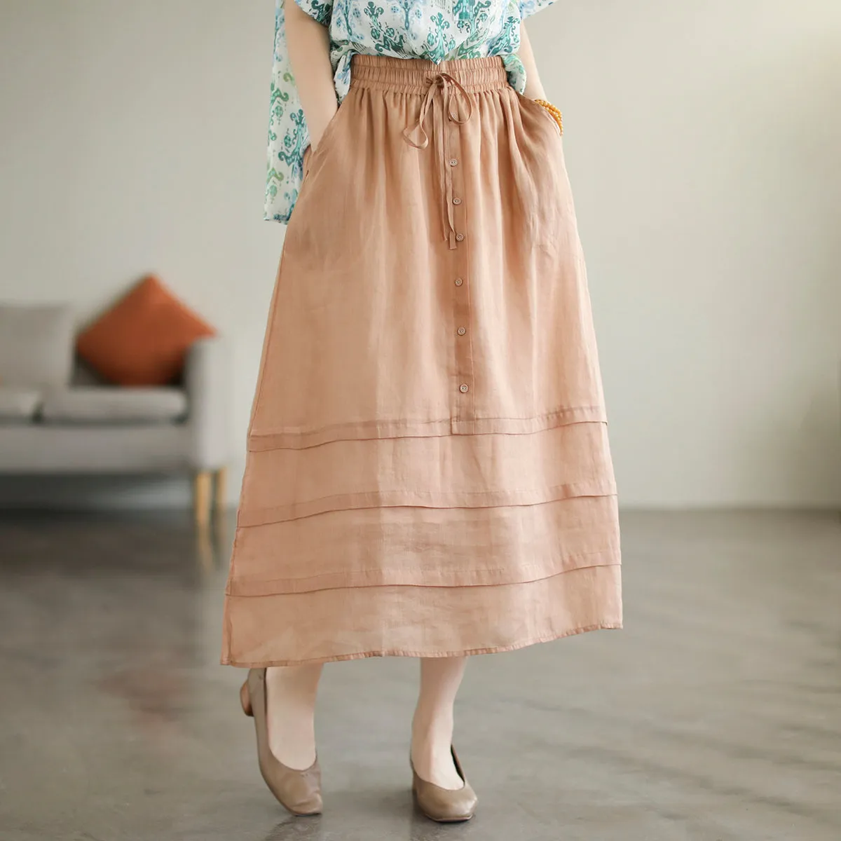 Retro A-Line Summer Patchwork Linen Skirt