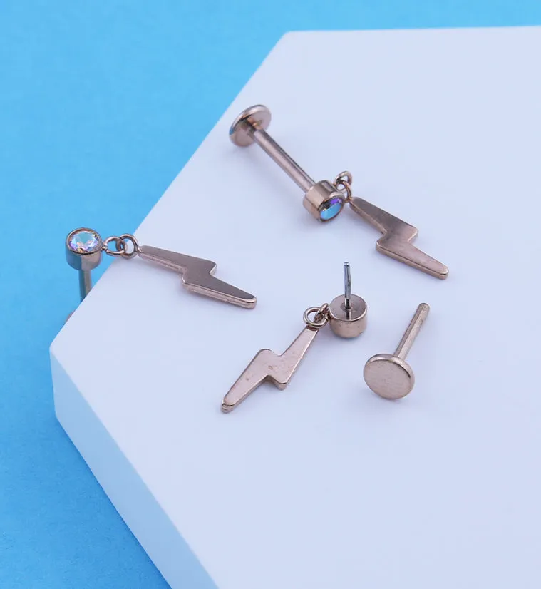 Rose Gold PVD Electric Bolt Dangle Rainbow Aurora CZ Titanium Threadless Labret