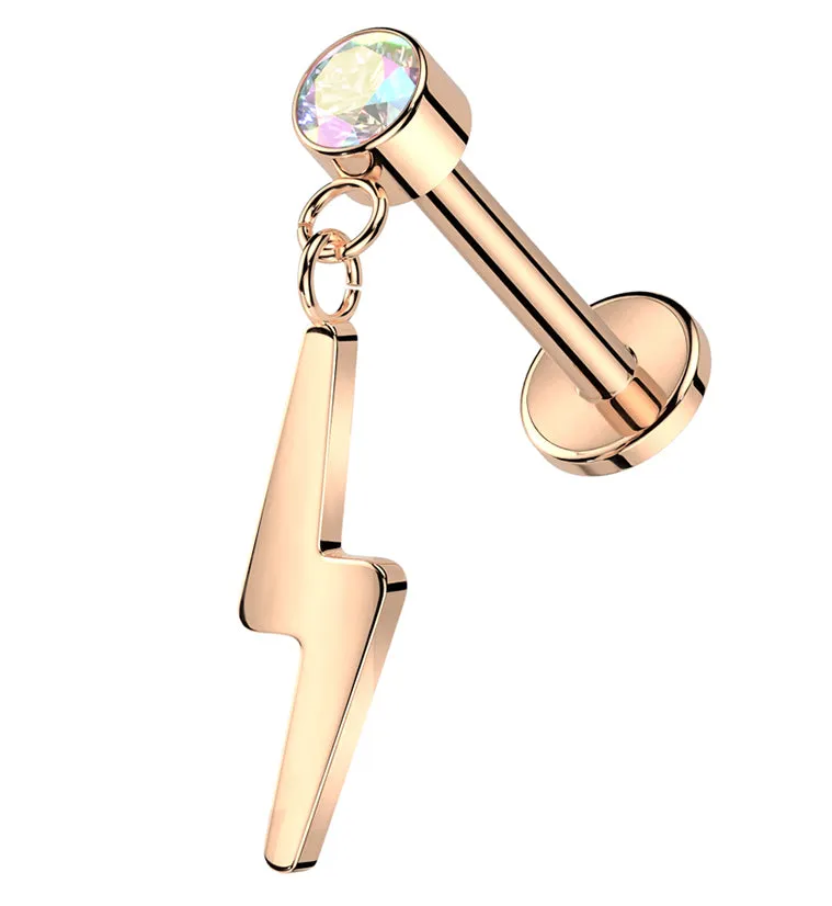 Rose Gold PVD Electric Bolt Dangle Rainbow Aurora CZ Titanium Threadless Labret