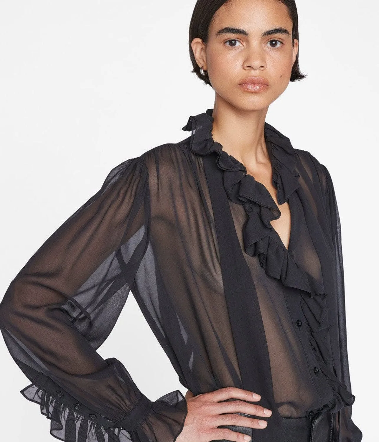 RUFFLE FRONT BUTTON UP SHIRT- NOIR